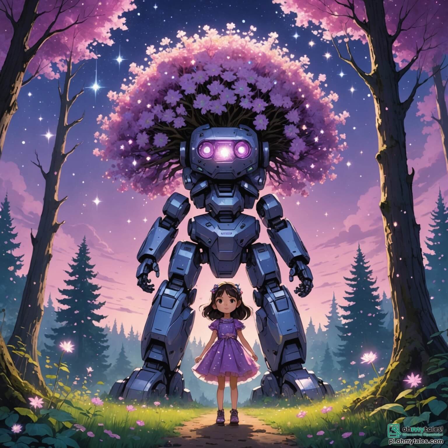 Une illustration destinée aux enfants représentant une petite fille aux cheveux ébouriffés, scintillant comme des étoiles, vêtue d'une robe faite de pétales de fleurs luminescentes, se tenant au milieu d'une forêt enchantée où les arbres géants aux troncs argentés s'élèvent vers un ciel violet parsemé de nuages roses, tandis qu'un petit robot aux yeux brillants et au corps étincelant, son fidèle compagnon, flotte à ses côtés, alors qu'ils s'apprêtent à découvrir un mystérieux champ de fleurs magiques capables de réaliser des souhaits, tout en étant menacés par l'ombre d'un sinistre Cauchemar qui plane au-dessus d'eux.