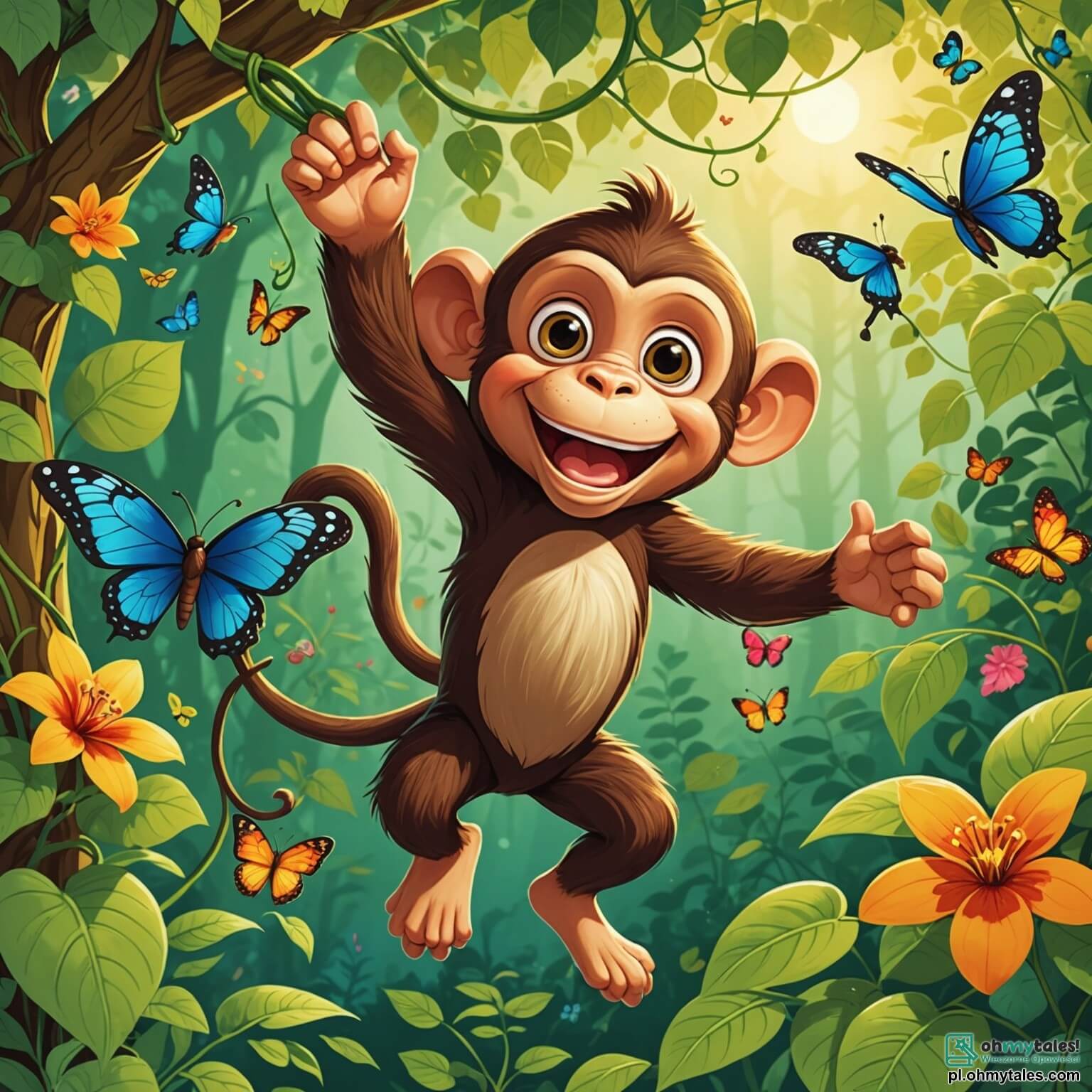 Une illustration destinée aux enfants représentant un singe espiègle aux yeux pétillants, suspendu avec agilité à une liane verdoyante, dans une forêt luxuriante où les rayons du soleil filtrent à travers un feuillage dense, illuminant des fleurs colorées et des papillons virevoltants, tandis qu'il s'apprête à partir à l'aventure à la recherche d'un trésor caché, accompagné de ses fidèles amis : un petit lapin au pelage soyeux et un rusé renard à la queue touffue, tous trois naviguant à travers un monde enchanté rempli de mystères et de surprises.