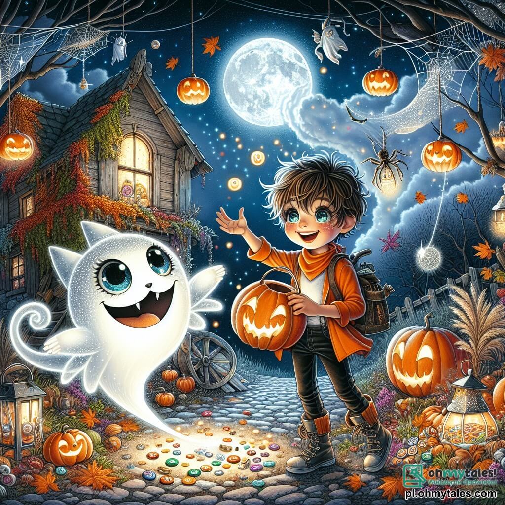 Ilustracja przedstawiająca magiczną scenę Halloween w małej polanie oświetlonej srebrnym blaskiem księżyca. W centrum dumnie stoi stary drewniany młyn, pokryty bluszczem i pajęczynami, podczas gdy unoszące się lampiony w kształcie dyni rzucają tańczące cienie na ziemię. 9-letni chłopiec z rozczochranymi brązowymi włosami i błyszczącymi oczami ciekawości stoi pośrodku sceny. Ma na sobie pomarańczową kurtkę i czarne spodnie, szeroko się uśmiechając, trzymając w ręku małą lampkę w kształcie dyni. Obok niego skacze mały magiczny stworek, przypominający mieszankę kota i ducha, o lśniącej białej sierści i dużych błyszczących oczach, z podekscytowanymi, wyprostowanymi uszami. Główna sytuacja pokazuje chłopca i jego magicznego przyjaciela przygotowujących przyjęcie Halloween, otoczonych kolorowymi smakołykami i festiwalowymi dekoracjami. Lśniące gwiazdy oświetlają nocne niebo, podczas gdy opadające liście jesieni wirują wokół nich, dodając atmosferze odrobinę magii.