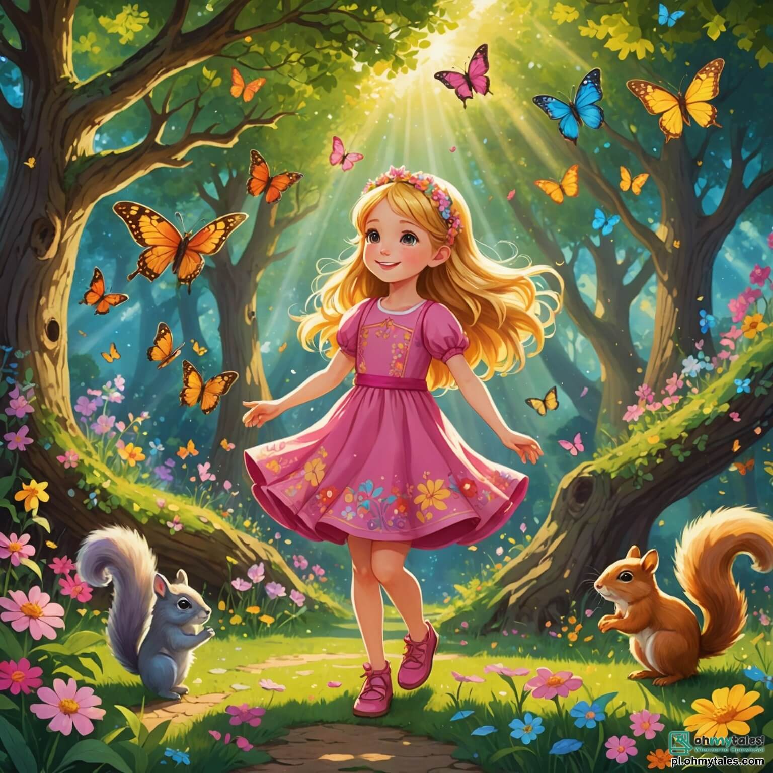 Une illustration destinée aux enfants représentant une petite fille aux cheveux dorés scintillant comme des rayons de soleil, vêtue d'une robe rose ornée de fleurs colorées, qui se tient au milieu d'un jardin enchanté rempli de fleurs dansantes et de papillons pétillants, tandis qu'elle découvre avec émerveillement un arc-en-ciel vibrant qui surgit d'un vieux chêne majestueux, entourée de deux espiègles écureuils aux yeux malicieux, l'un d'eux étant un garçon au pelage roux et l'autre une fille au pelage gris, ainsi qu'un sage petit tortue à la carapace verte, tous prêts à l'accompagner dans une quête magique à travers ce monde féerique où les couleurs semblent chanter et les rires résonnent comme une douce mélodie.