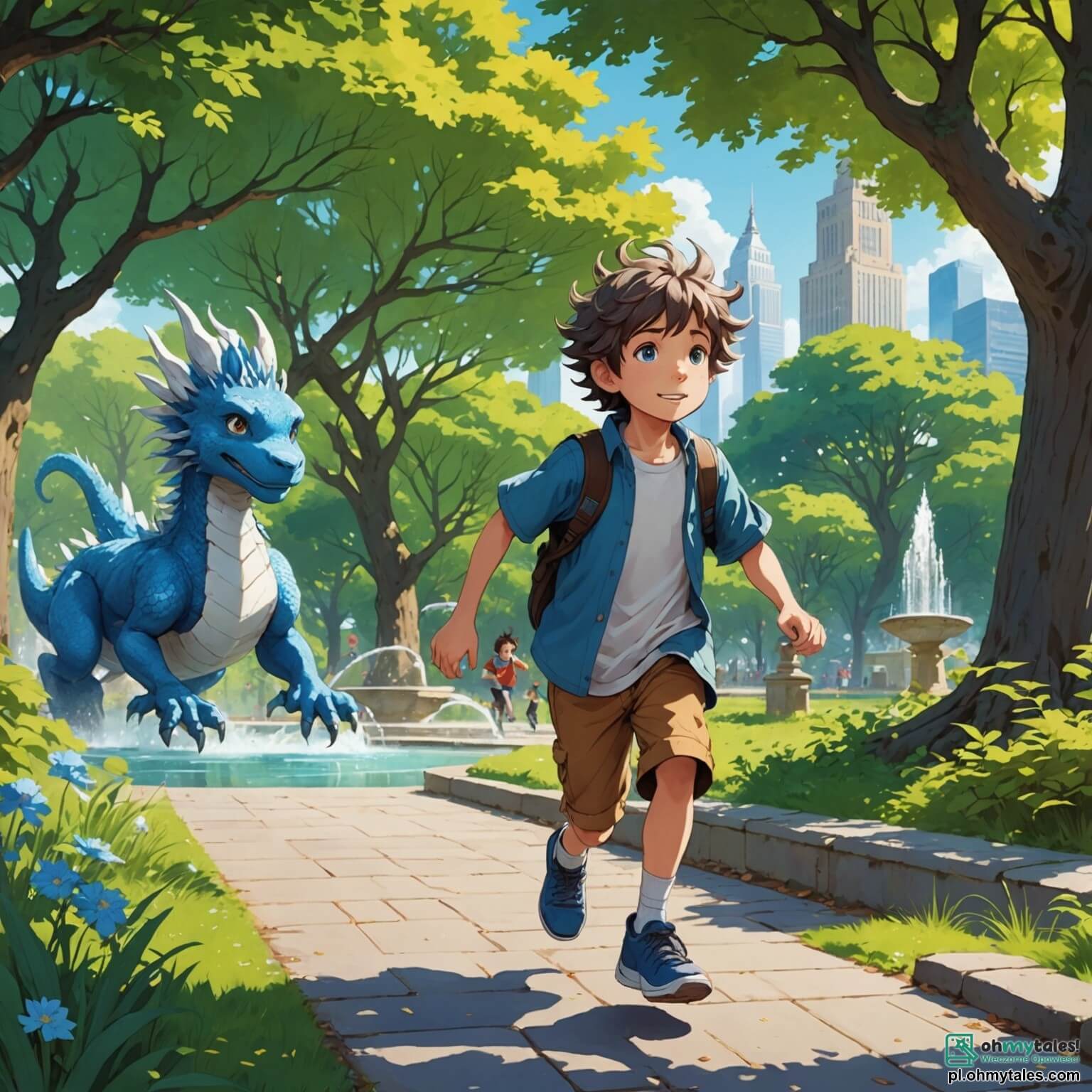 Une illustration destinée aux enfants représentant un garçon aux cheveux ébouriffés et aux yeux pétillants de curiosité, courant à travers un parc urbain vibrant de couleurs où les arbres majestueux se mêlent aux ombres des gratte-ciels étincelants, tandis qu'il découvre un vieux sage à la barbe blanche, assis près d'une fontaine ancienne, entouré de créatures fantastiques comme un petit dragon bleu et un lapin parlant, tous deux prêts à l'aider dans sa quête pour sauver la magie de leur monde menacée par un sorcier maléfique qui plane au-dessus de la ville, tel un nuage sombre.