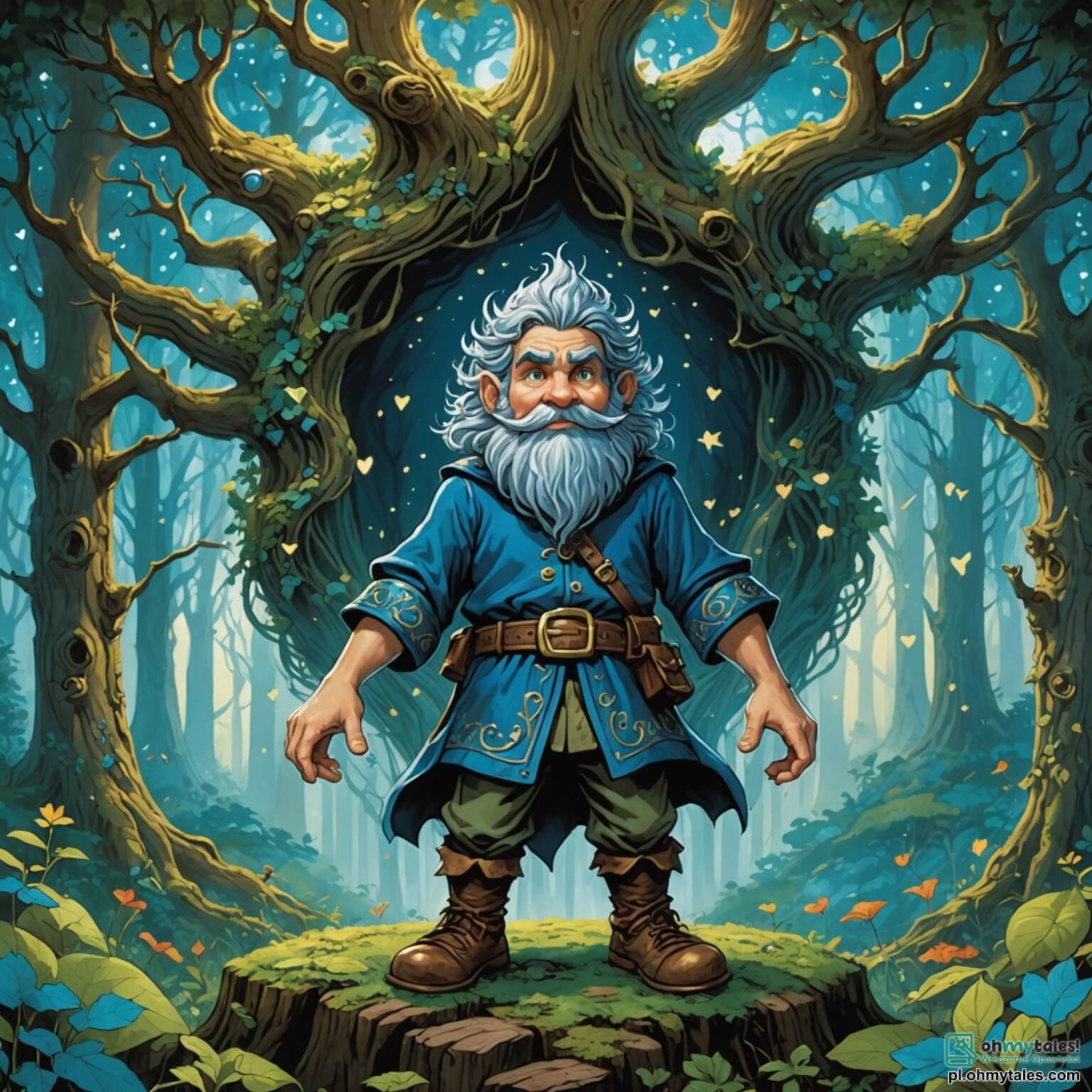 Une illustration destinée aux enfants représentant un géant au cœur d'une forêt enchantée, avec une stature imposante et des cheveux flottants comme des nuages d'azur, ses yeux scintillant tels des étoiles dans la nuit, se tenant au milieu d'arbres gigantesques aux troncs noueux et aux feuilles chatoyantes qui dansent au gré du vent, tandis qu'il tente de protéger son royaume magique d'une bande de gnomes malicieux, tous de petite taille mais débordants d'énergie, qui s'affairent autour de lui, cherchant à dérober les fruits dorés des arbres enchantés, le tout baigné dans une lumière dorée du soleil couchant qui filtre à travers les branches, créant un tableau féerique où la magie et l'amitié se mêlent.