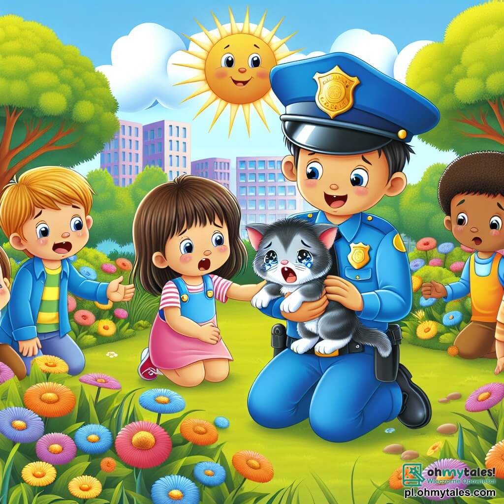 Une illustration sous forme de dessin destinée aux enfants représentant un charmant parc ensoleillé avec des arbres verdoyants et des fleurs colorées, où un policier homme au grand sourire, portant un uniforme bleu et un chapeau, aide un petit chaton gris aux yeux brillants qui pleure, tandis qu'un groupe de quatre enfants (deux filles aux cheveux bruns et blonds, et deux garçons aux cheveux châtains) les observe avec curiosité et enthousiasme, tous impatients de participer à cette aventure de sauvetage.