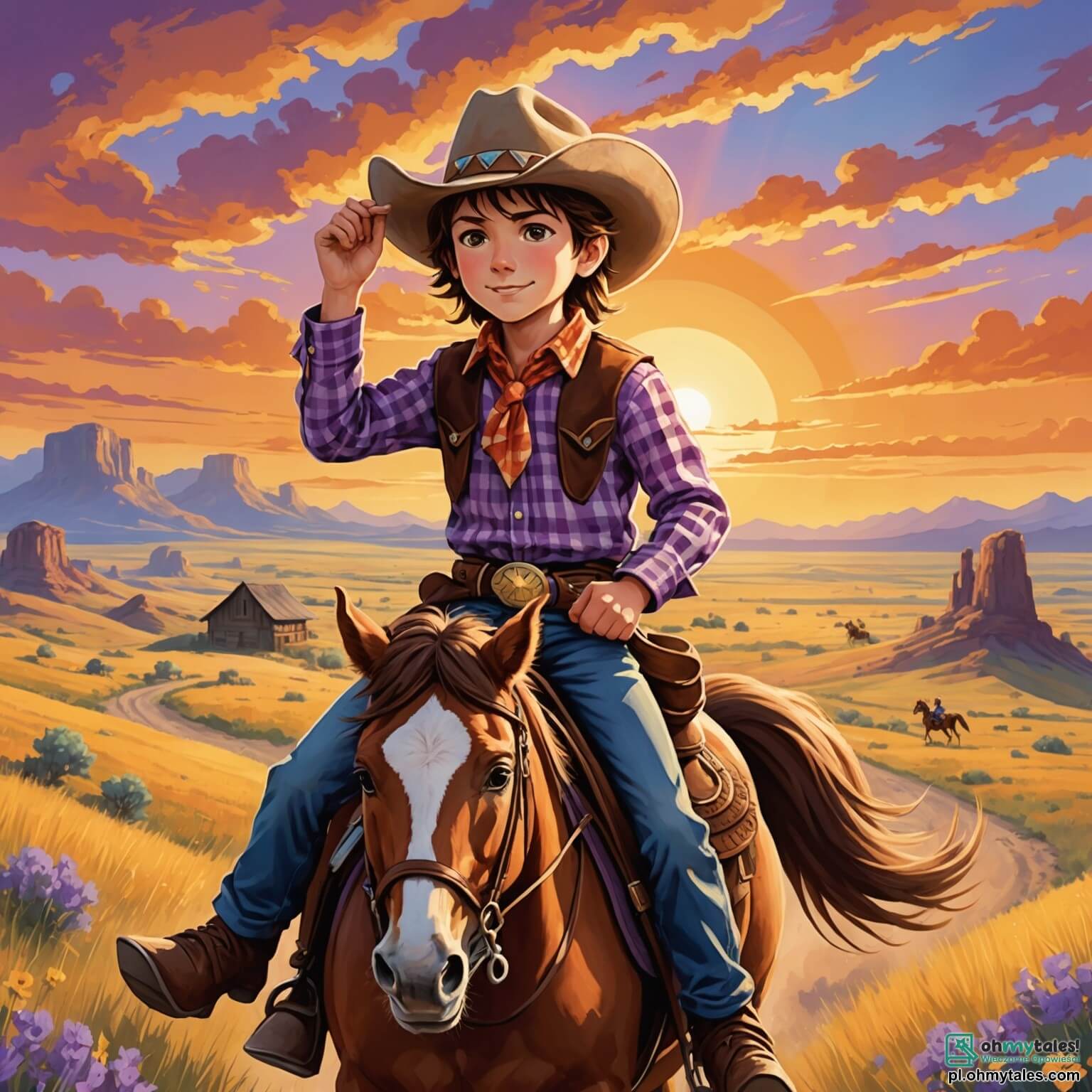 Une illustration destinée aux enfants représentant un jeune cow-boy intrépide, un garçon aux cheveux châtains ébouriffés, vêtu d'un chapeau de feutre usé et d'une chemise à carreaux colorés, chevauchant son fidèle poney au galop à travers les vastes prairies dorées du Far West, où les rayons du soleil couchant embrasent le ciel de teintes orangées et violettes, tandis qu'il se lance dans une quête palpitante pour retrouver un trésor caché, accompagné de son meilleur ami, un garçon aux yeux pétillants de curiosité, tous deux défiant les bandits qui rôdent dans les ombres des rochers escarpés et des cactus, dans un décor de paysages sauvages parsemés de montagnes majestueuses et de rivières scintillantes.