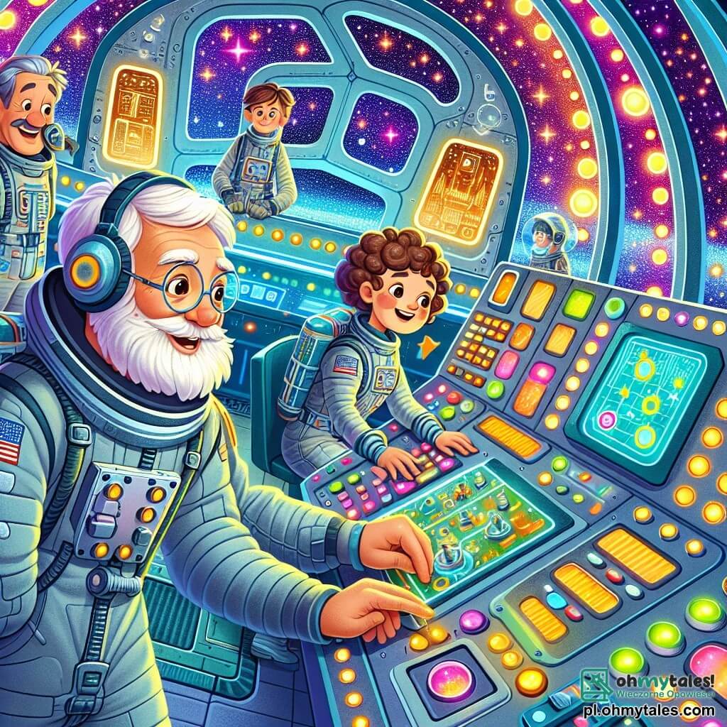 Une illustration sous forme de dessin destinée aux enfants représentant l'intérieur d'une station spatiale colorée et futuriste, avec des lumières scintillantes et des écrans brillants, où un homme âgé à la barbe blanche et aux lunettes glissantes sur le nez, vêtu d'un kombi de pilote, travaille avec enthousiasme sur un tableau de contrôle, tandis qu'une femme aux cheveux bruns et bouclés, habillée d'une combinaison spatiale, observe avec émerveillement, et un homme aux cheveux courts et aux lunettes, portant un uniforme de scientifique, examine des instruments, tous se préparant à tester un nouveau moteur de fusée pour une aventure intergalactique.