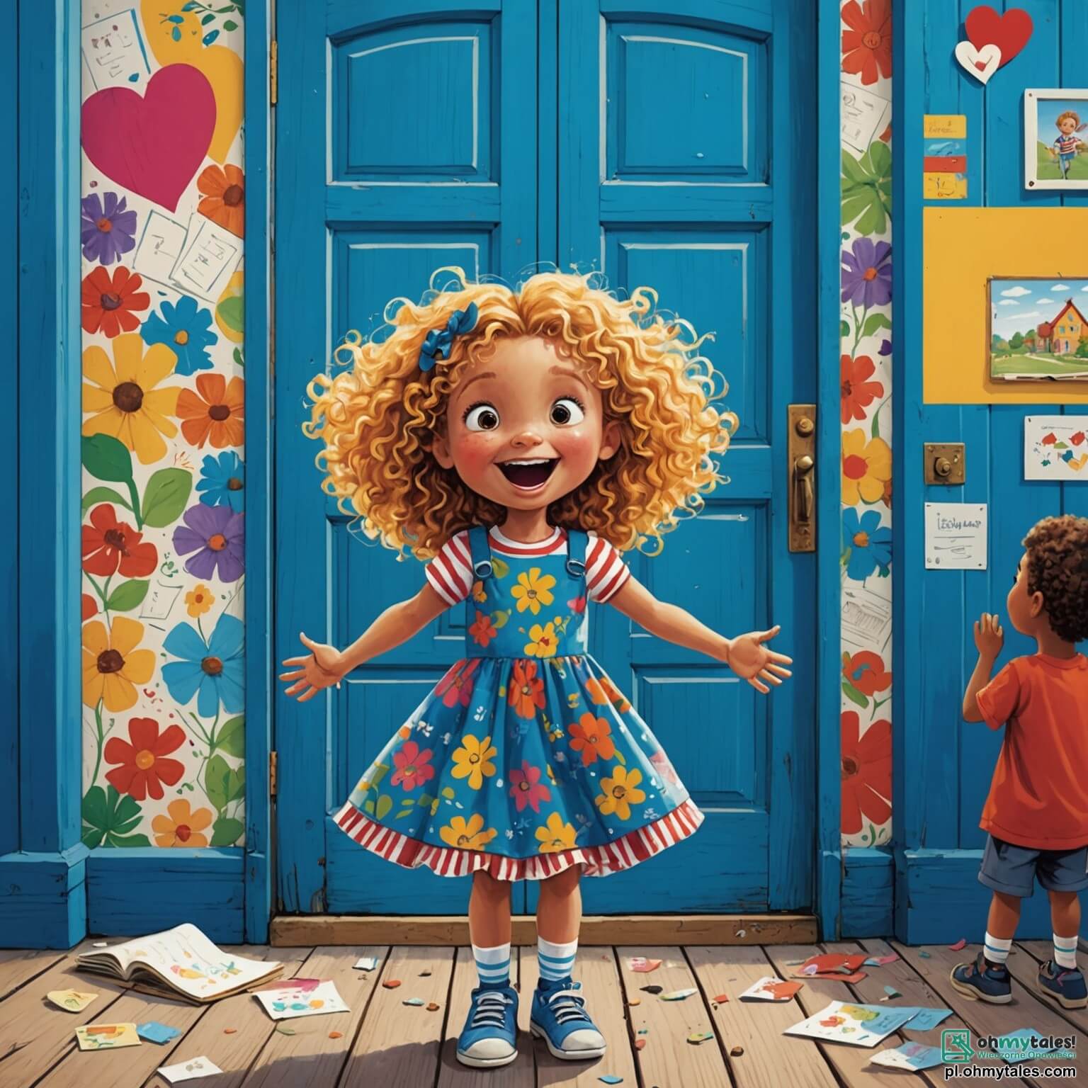Une illustration destinée aux enfants représentant une petite fille aux cheveux bouclés et dorés, portant une robe à fleurs colorées, qui, le cœur battant d'excitation et d'appréhension, se tient devant la grande porte en bois peint en bleu de l'école, entourée de murs recouverts de dessins d'enfants et de fresques colorées, tandis que des rires d'autres enfants, des garçons aux t-shirts rayés et des filles aux jupes vaporeuses, résonnent dans la cour de récréation où des balançoires et des toboggans scintillent sous le soleil, alors qu'elle se prépare à entrer dans ce nouveau monde d'apprentissage et d'amitié, espérant rencontrer sa nouvelle maîtresse, une femme souriante aux lunettes rondes, qui l'accueillera avec bienveillance et lui fera découvrir les joies de la rentrée des classes.