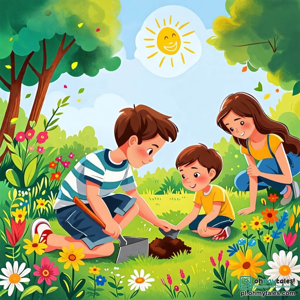Une illustration sous forme de dessin destinée aux enfants représentant un jardin ensoleillé, rempli de fleurs colorées et d'arbres verdoyants, où un garçon de 6 ans aux cheveux châtains et aux yeux pétillants, vêtu d'un t-shirt rayé et d'un short, est assis sur l'herbe en train de creuser avec une petite pelle, découvrant une boîte en métal, tandis qu'en arrière-plan, sa mère, une femme souriante aux cheveux longs et bruns, l'observe avec bienveillance, et son père, un homme aux cheveux courts et à la barbe légère, s'approche avec un regard curieux, le tout illustrant le moment magique où l'enfant trouve un trésor et partage ses émotions avec ses parents.