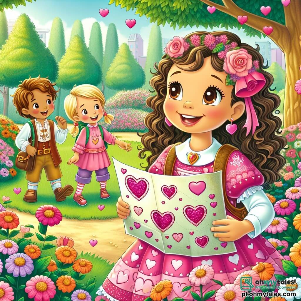 Une illustration sous forme de dessin destinée aux enfants représentant un parc ensoleillé, rempli de fleurs colorées et de grands arbres, où une fille de 11 ans aux cheveux bruns et bouclés, portant une robe rose avec des motifs de cœurs, sourit joyeusement en tenant une carte décorée de cœurs, tandis que deux de ses amis, une fille aux cheveux blonds en tresse et un garçon aux cheveux châtains, l'observent avec enthousiasme, tous trois participant à une chasse au trésor pour découvrir l'identité d'un mystérieux admirateur à l'occasion de la Saint-Valentin.