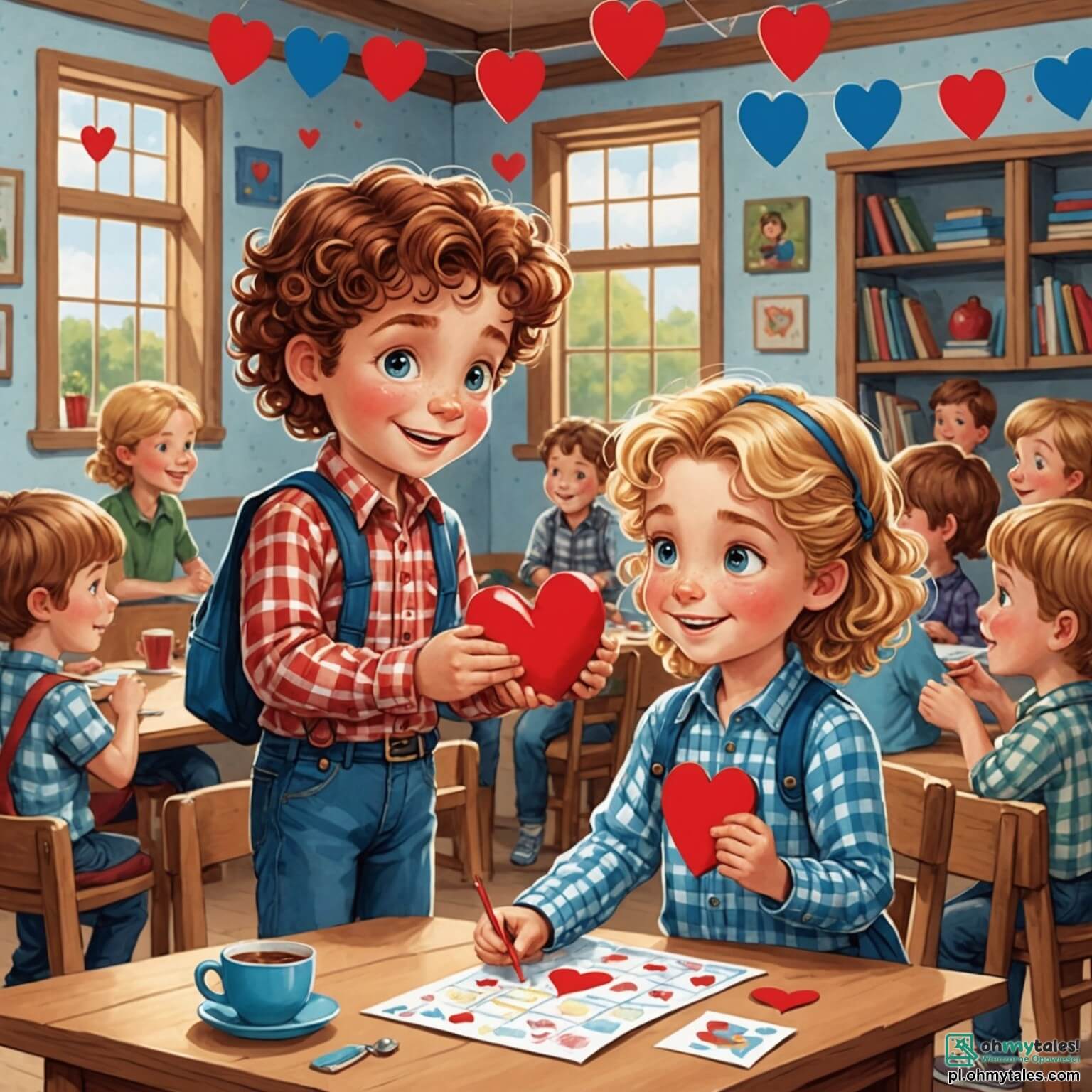 Une illustration destinée aux enfants représentant un petit garçon aux cheveux châtains bouclés et aux yeux pétillants de curiosité, vêtu d'une chemise à carreaux rouges et d'un pantalon bleu, qui, dans une salle de classe colorée ornée de guirlandes en papier découpé en forme de cœurs et de ballons roses flottants, s'apprête à offrir un magnifique cœur en papier décoré à sa meilleure amie, une fillette aux longs cheveux blonds tressés et au sourire éclatant, tandis que d'autres enfants, joyeux et excités, s'affairent autour de tables chargées de douceurs en forme de cœur, créant une atmosphère festive et chaleureuse, pleine de rires et d'amitié, pour célébrer la magie de la Saint-Valentin.