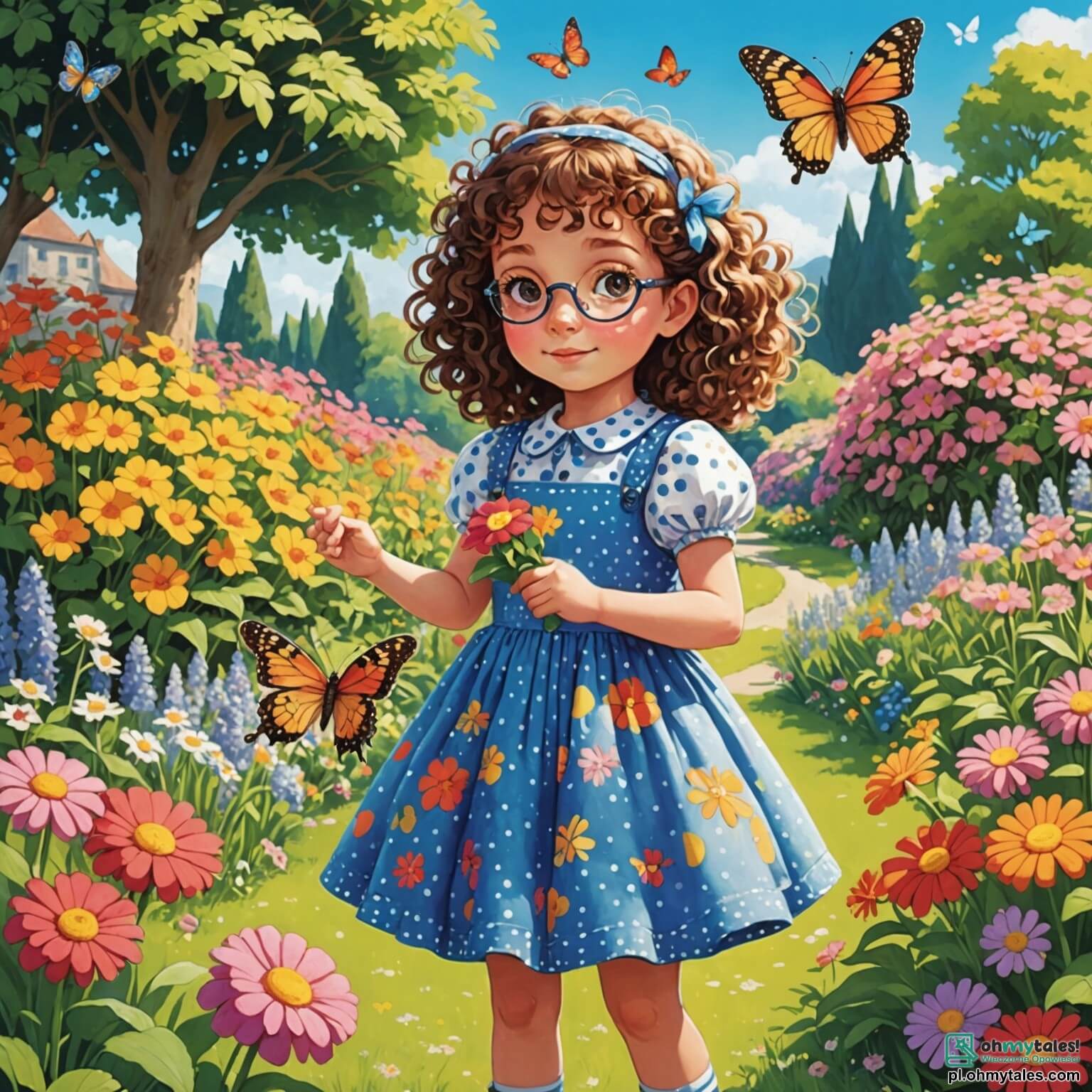 Une illustration destinée aux enfants représentant une petite fille aux cheveux bouclés et aux yeux pétillants, vêtue d'une robe à pois colorés, se tenant dans un jardin ensoleillé rempli de fleurs éclatantes et de papillons virevoltants, alors qu'elle cherche désespérément son précieux petit lapin en peluche qui a disparu, accompagnée de son ami, un garçon aux lunettes rondes et à la casquette à l'envers, tous deux déterminés à résoudre ce mystère au cœur de leur paisible quartier, où les rires des autres enfants résonnent et où les arbres majestueux offrent une ombre rafraîchissante.