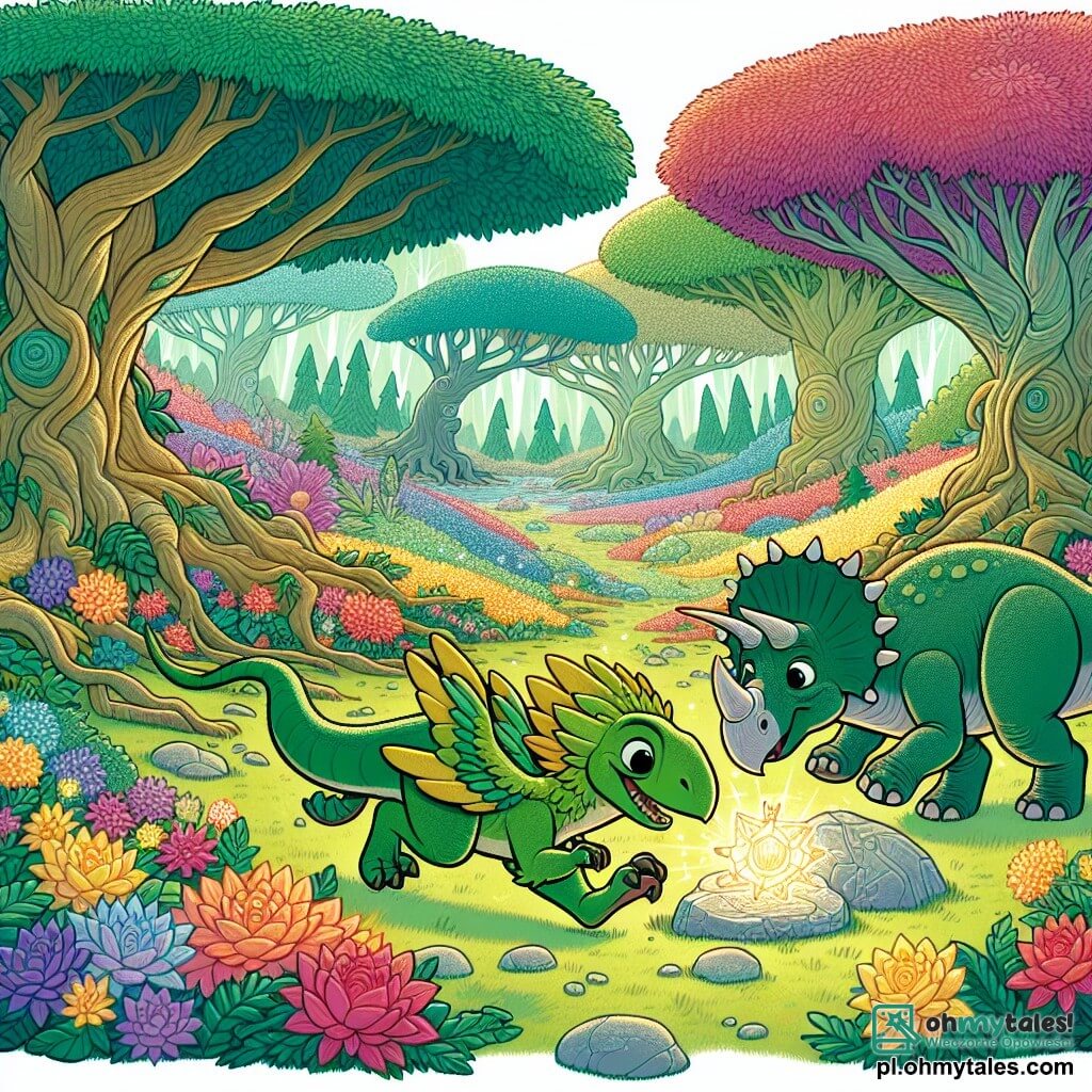 Une illustration sous forme de dessin destinée aux enfants représentant une vaste vallée magique avec de grands arbres aux feuilles colorées, un vélociraptor au plumage vert vif courant joyeusement à travers des fleurs éclatantes, tandis qu'à ses côtés, un triceratops aux trois cornes et à la peau grise le suit avec enthousiasme, tous deux découvrant un ancien amulet brillant posé sur des pierres scintillantes, symbolisant leur amitié et leur esprit d'aventure.