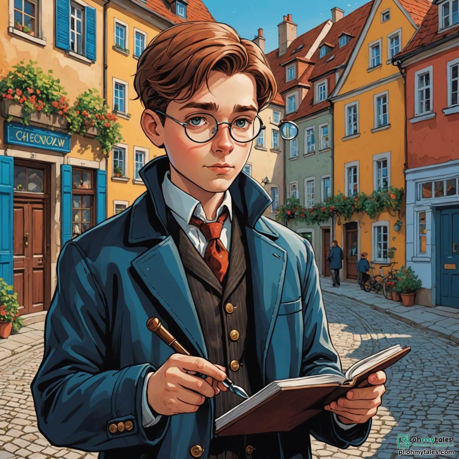 Une illustration destinée aux enfants représentant un homme au regard perçant et intelligent, vêtu d'une élégante veste sombre, tenant une loupe dans sa main, se tenant dans une petite ville ensoleillée appelée Słonecznikowo, où les ruelles pavées sont bordées de maisons colorées aux volets bleus et aux jardins fleuris, tandis qu'un jeune garçon aux cheveux châtains et aux yeux pétillants, débordant d'énergie et de curiosité, l'accompagne dans sa quête pour résoudre le mystère des biscuits disparus de la boulangerie de la gentille Pani Monika, une femme aux cheveux argentés et au sourire chaleureux, qui s'inquiète pour ses délicieuses créations, alors que le doux parfum du pain frais flotte dans l'air et que les oiseaux chantent gaiement dans les arbres verdoyants.