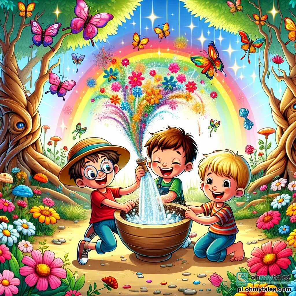 Ilustracja przedstawiająca magiczny ogród, wypełniony kolorowymi kwiatami o błyszczących płatkach, z drzewami o skręconych pniach i kolorowymi motylami latającymi w powietrzu. W centrum trzech chłopców w wieku około 8 lat: jeden ma brązowe włosy i szeroki uśmiech, nosi czerwoną koszulkę i nalewa wodę do dużej drewnianej miski. Drugi chłopiec, z kapeluszem słomkowym na głowie i okrągłymi okularami, śmieje się, trzymając niebieski kwiat, podczas gdy trzeci chłopiec, który ma blond włosy i krótszą nogę, klęczy, aby zbierać kolorowe płatki. W tle eksplozja kolorów tworzy chmurę motyli wydobywających się z miski, tworząc radosną i magiczną atmosferę. Iskrzące się światła i gwiazdy dodają scenie odrobiny baśniowości.