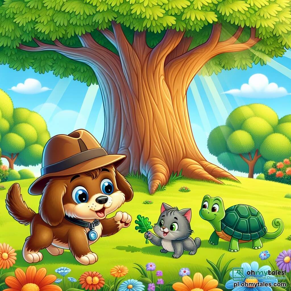 Une illustration sous forme de dessin destinée aux enfants représentant un parc ensoleillé avec des arbres verdoyants et des fleurs colorées, où un chien à la fourrure brune et aux yeux bleus, portant un chapeau de détective incliné sur le côté, cherche avec enthousiasme un petit coffre au trésor caché sous un grand chêne, tandis qu'une petite chatte grise aux yeux verts, curieuse et excitée, l'observe en sautillant près de lui, et un tortue au regard sage se tient à l'écart, tenant une feuille de salade, le tout évoquant une ambiance d'aventure et d'amitié entre animaux.