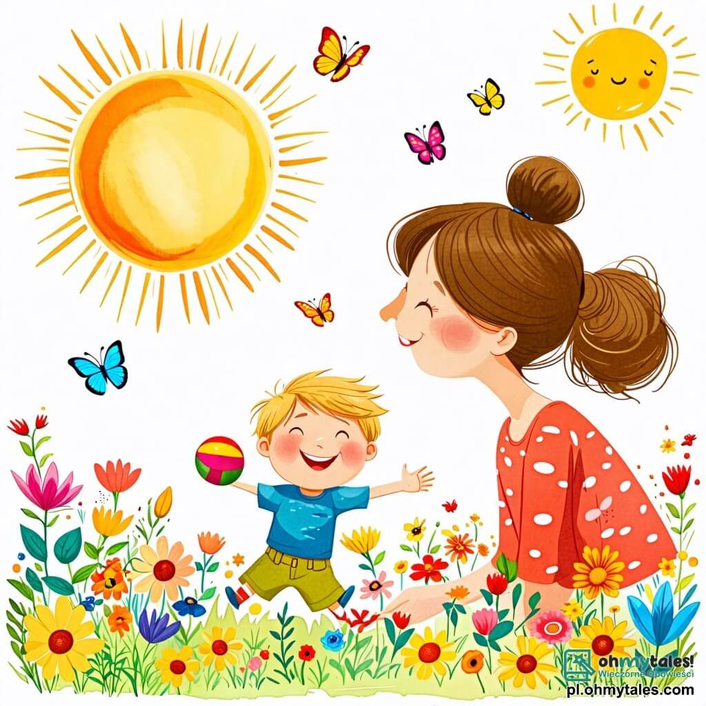 Une illustration sous forme de dessin destinée aux enfants représentant un jardin verdoyant sous un soleil éclatant, où un petit garçon de 2 ans, avec des cheveux blonds en bataille et un sourire radieux, lance joyeusement une balle colorée vers sa maman, une femme souriante aux cheveux châtains attachés en chignon, qui l'encourage avec enthousiasme, tandis que des fleurs multicolores et des papillons virevoltent autour d'eux, capturant l'esprit joyeux des vacances d'été.
