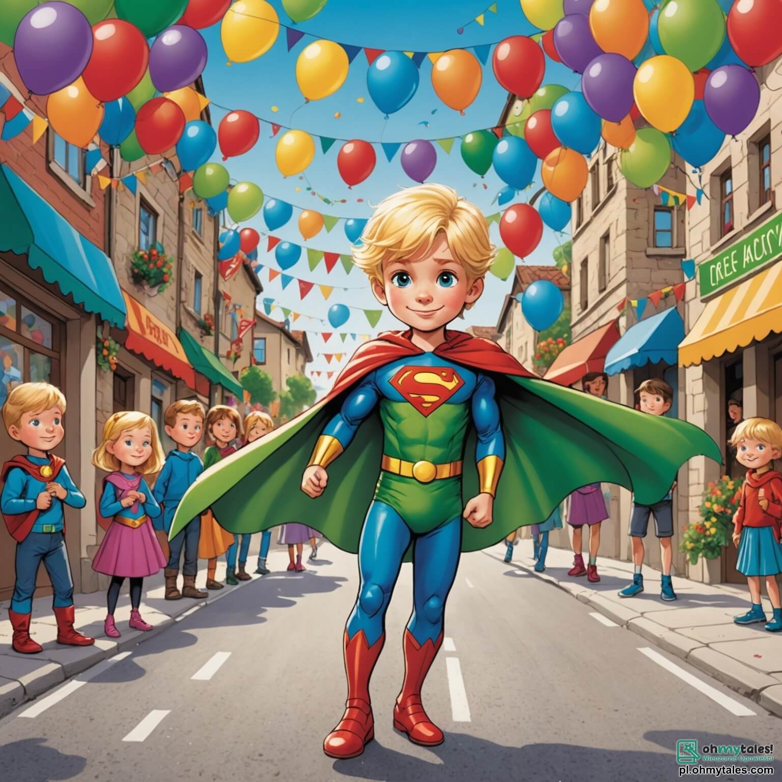 Une illustration destinée aux enfants représentant un garçon aux cheveux blonds et aux yeux pétillants, vêtu d'un costume de super-héros coloré avec une pelisse verte flottante, se tenant au milieu d'une rue animée d'un petit village décoré de guirlandes de ballons multicolores et de banderoles scintillantes, où des enfants de tous âges, dont une fille en robe de princesse étincelante et un garçon déguisé en dragon, dansent et rient joyeusement autour de lui, tandis qu'un clown jovial distribue des ballons en forme d'animaux, créant une atmosphère festive et magique, pleine de rires et de joie, à l'occasion d'un carnaval tant attendu.