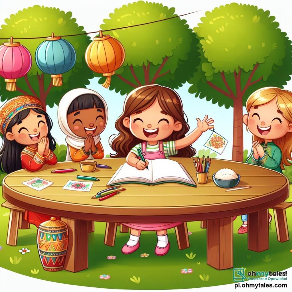 Une illustration sous forme de dessin destinée aux enfants représentant un parc ensoleillé, avec des arbres verdoyants et une grande table en bois où une fille de 7 ans aux longs cheveux bouclés et à la peau claire, souriante, est assise en train de dessiner sur un grand carnet, entourée de trois amies : une fille égyptienne à la peau olive et aux cheveux noirs, qui montre un lampion coloré, une fille chinoise à la peau claire et aux cheveux raides, qui tient des pierożki, et une fille polonaise à la peau claire et aux cheveux blonds, qui présente un plat traditionnel, toutes riant et partageant leurs cultures dans une ambiance joyeuse et amicale, symbolisant la diversité et l'amitié.