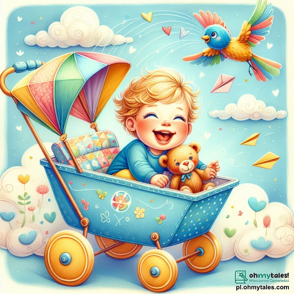 Une illustration sous forme de dessin destinée aux enfants représentant un ciel bleu parsemé de nuages moelleux, avec un petit garçon de 1 an aux cheveux blonds et aux yeux pétillants, assis dans un wózek coloré aux ailes en papier, riant aux éclats tout en tenant son ours en peluche, tandis qu'un petit oiseau aux plumes multicolores vole joyeusement autour d'eux, le tout capturant l'instant magique où ils s'envolent ensemble vers une aventure pleine de joie et de découvertes.