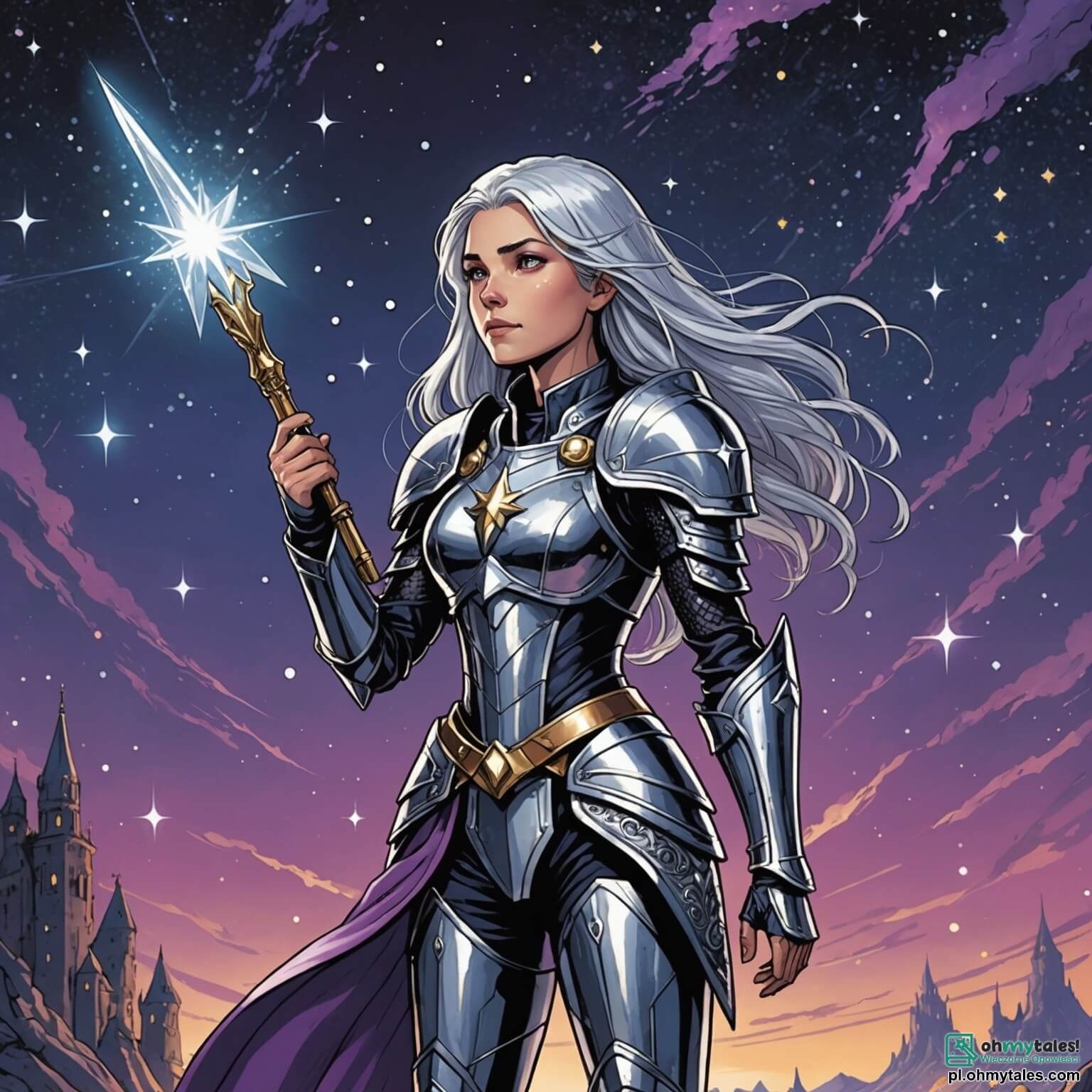 Une illustration destinée aux enfants représentant une femme aux longs cheveux argentés scintillant comme des étoiles dans l'immensité d'un ciel purpurin, vêtue d'une armure ornée de cristaux lumineux, se tenant courageusement dans sa petite rakette étincelante, prête à sauver un jeune garçon au regard pétillant de détermination, qui s'appelle Noe, et sa sœur, une fillette aux yeux brillants de peur mais remplis d'espoir, nommée Lilia, tous trois se trouvant sur une planète mystérieuse où des arbres noirs aux troncs tordus s'élèvent vers un ciel parsemé de nuages sombres, tandis que des fleurs luminescentes dansent autour d'eux, illuminant l'atmosphère de couleurs éclatantes et créant un contraste saisissant avec l'ombre menaçante des Cieux qui rôdent, prêts à capturer ceux qui osent s'aventurer dans leur royaume obscur.