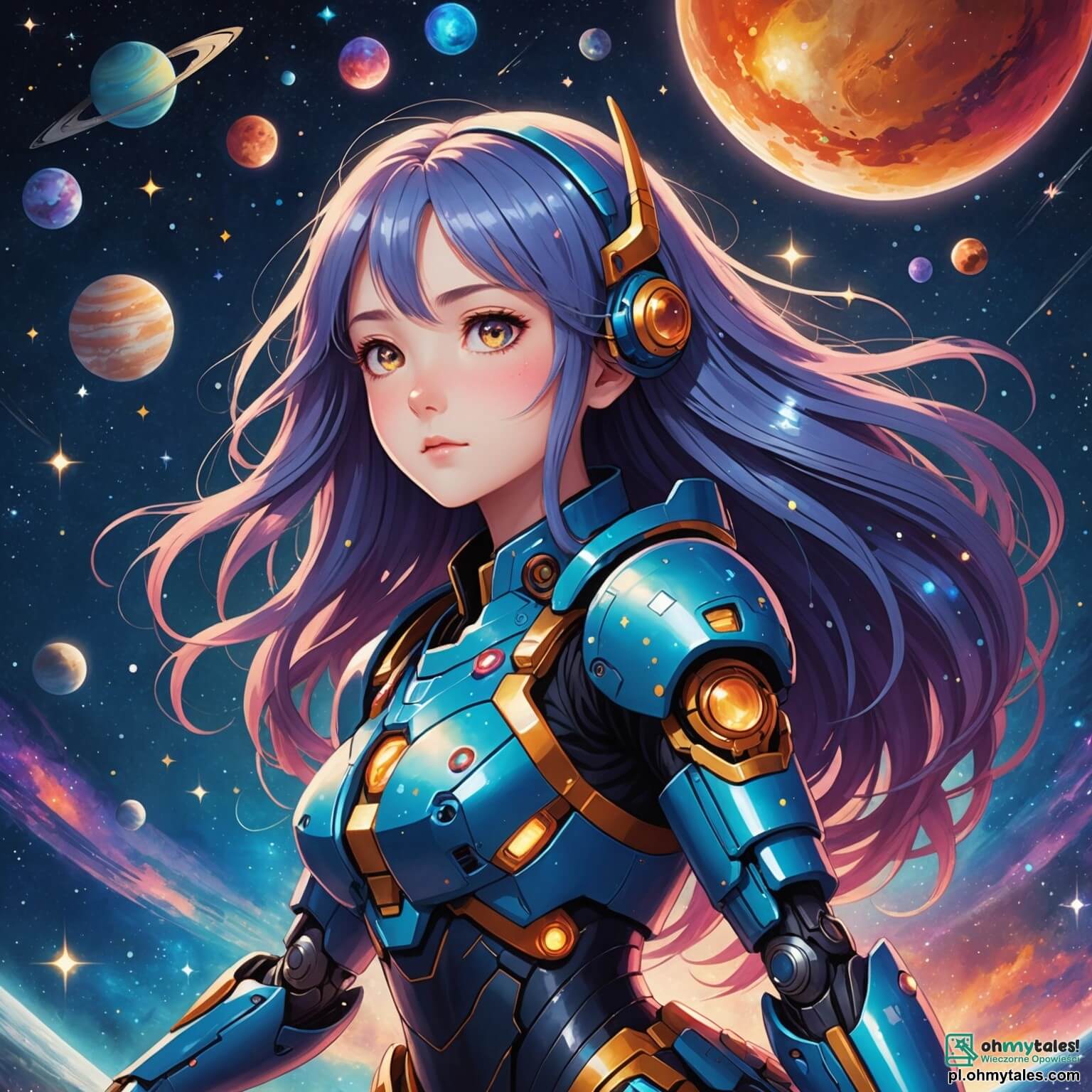 Une illustration destinée aux enfants représentant une femme intrépide aux longs cheveux couleur de nuit, scintillant comme des étoiles, pilotant avec détermination son vaisseau spatial flamboyant à travers un ciel étoilé parsemé de planètes colorées et de nébuleuses chatoyantes, tandis qu'à ses côtés, un petit robot aux yeux pétillants de curiosité, à la silhouette métallique et aux bras articulés, l'encourage dans sa quête pour retrouver une planète mystérieusement disparue, le tout se déroulant dans un univers féerique où les fleurs luminescentes flottent dans l'espace et où des créatures fantastiques aux formes étranges dansent autour d'eux, créant une atmosphère magique et enchanteresse.