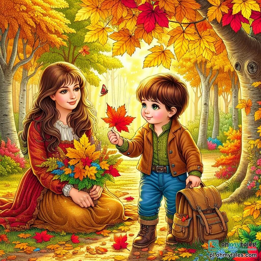 Une illustration sous forme de dessin destinée aux enfants représentant un parc en automne, avec des arbres aux feuilles jaunes et rouges, un garçon de 2 ans aux cheveux châtains et aux yeux pétillants, qui s'agenouille pour ramasser un joli feuillage coloré, tandis qu'une maman souriante, aux cheveux longs et bruns, l'observe tendrement en tenant un sac à dos, le tout baigné dans une lumière dorée et chaleureuse, évoquant la magie de la saison.