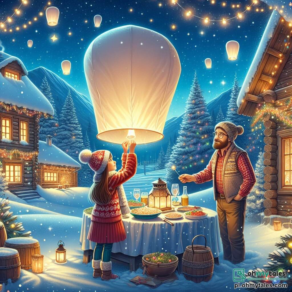 Ilustracja przedstawiająca magiczną scenę noworocznej imprezy w urokliwej drewnianej chatce, otoczonej lśniącymi, zaśnieżonymi górami pod gwiaździstym niebem. Wewnątrz duży stół jest udekorowany świątecznymi potrawami, a kolorowe światła tańczą na drewnianych ścianach. Na środku obrazu, 11-letnia dziewczynka z długimi brązowymi włosami i różowymi policzkami nosi czerwoną wełnianą bluzę i dzianą czapkę. Uśmiecha się z zachwytem, trzymając papierowy lampion, gotowy do wypuszczenia w niebo. Obok niej mężczyzna w wieku około 40 lat, z brązową brodą i okularami, pochyla się, aby pomóc jej przymocować życzenie do lampionu. Ma na sobie koszulę w kratę i ciepły kamizelkę. Scena uchwyca ekscytację i magię chwili, gdy lampion powoli wznosi się w noc, oświetlając radosne twarze zgromadzonej rodziny. Na zewnątrz delikatnie opadają płatki śniegu, dodając czarującego akcentu do tej ciepłej celebracji.
