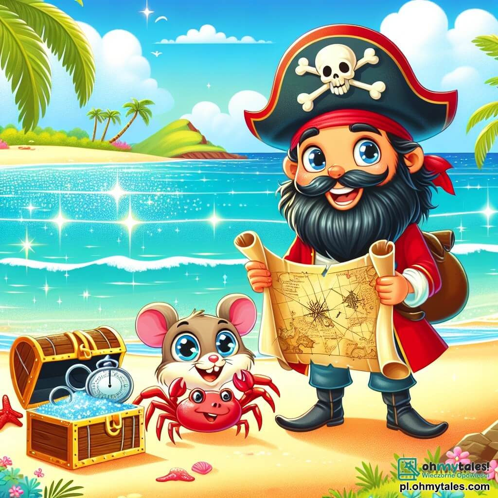 Une illustration sous forme de dessin destinée aux enfants représentant une belle plage ensoleillée sur une île tropicale, avec un homme pirate à la longue barbe noire et à la chapeau de pirate rouge, tenant une vieille carte au trésor et souriant avec enthousiasme, accompagné d'une petite souris courageuse aux yeux pétillants, qui regarde la carte avec curiosité, et d'un crabe espiègle aux pinces brillantes, qui semble prêt à aider à déterrer un coffre au trésor enfoui dans le sable, tandis qu'une mer turquoise scintille en arrière-plan et des palmiers se balancent doucement au vent.