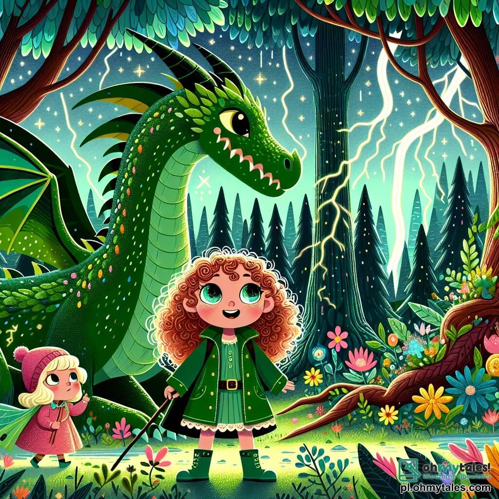 Une illustration sous forme de dessin destinée aux enfants représentant une forêt enchantée aux arbres majestueux et aux feuilles scintillantes, où une fille de 7 ans aux cheveux bouclés et aux yeux pétillants, portant une veste verte et un chapeau à pompon, se tient courageusement aux côtés d'un grand dragon vert aux écailles brillantes qui les surplombe, tandis qu'une autre petite fille aux cheveux blonds et à la robe rose les regarde avec émerveillement, alors qu'ils se préparent à affronter une tempête menaçante pour sauver le Królestwo Słońca, avec des éclairs zébrant le ciel et des fleurs colorées émergeant du sol.