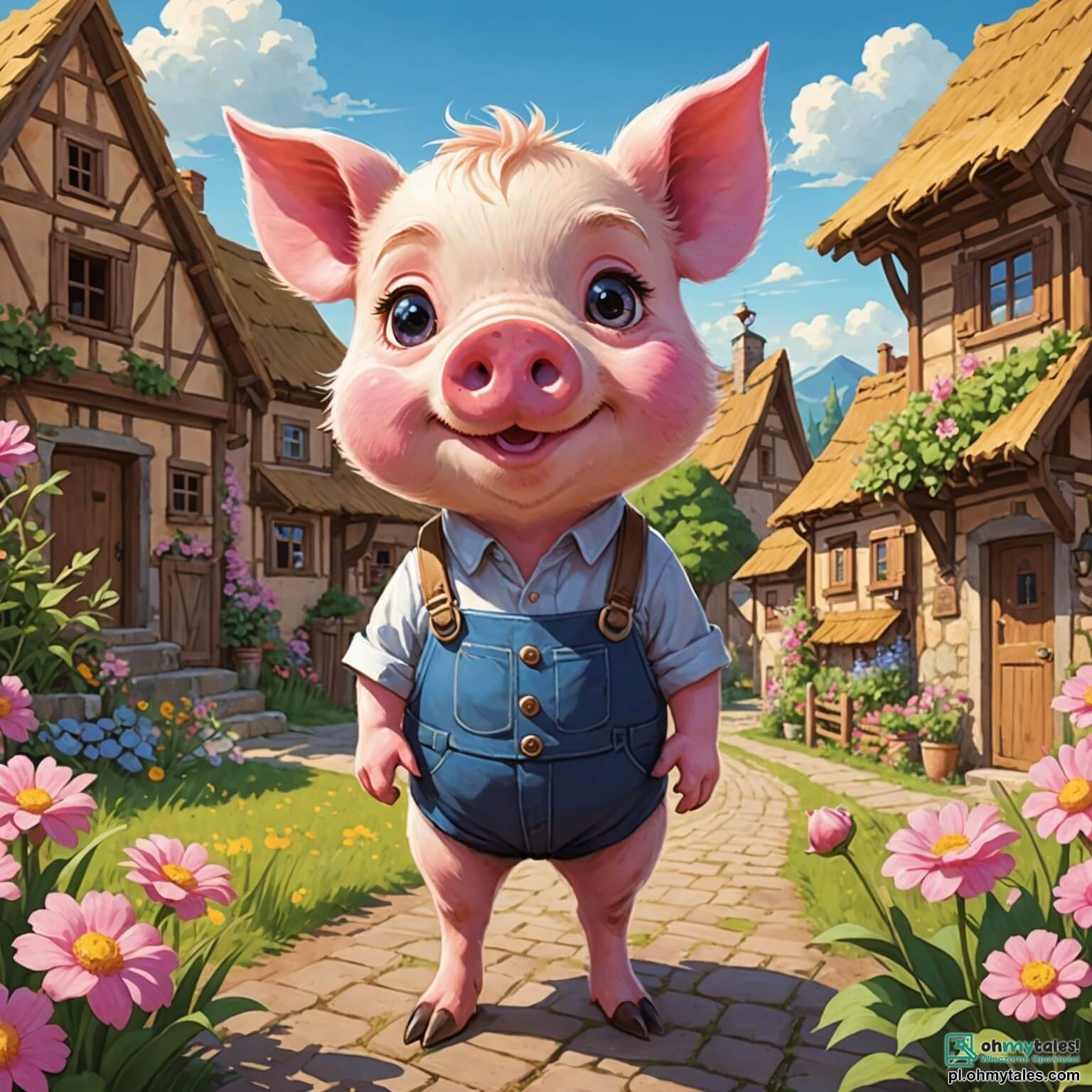 Une illustration destinée aux enfants représentant un petit cochon aux yeux pétillants et à la fourrure rose, débordant de curiosité et de détermination, se tenant fièrement devant un charmant village ensoleillé, où les maisons en paille, en bois et en briques s'épanouissent au milieu de fleurs colorées et de jardins luxuriants, tandis qu'un loup rusé, aux crocs acérés et au regard malicieux, rôde dans l'ombre des arbres majestueux, prêt à semer la panique dans la vie paisible de ce cochon intrépide et de ses deux sœurs, une cochonette rêveuse à la crinière bouclée et une cochonette pragmatique à la démarche assurée, qui s'efforcent de construire des refuges solides pour échapper aux menaces du prédateur.