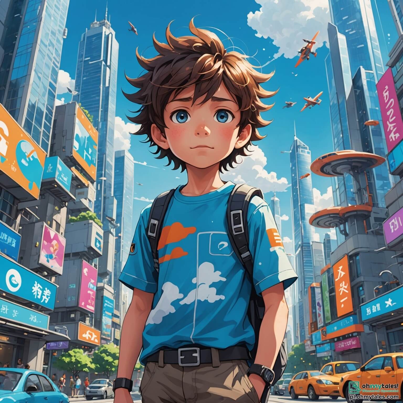 Une illustration destinée aux enfants représentant un garçon aux yeux pétillants de curiosité, aux cheveux ébouriffés comme des nuages d'été, se tenant au milieu d'une ville futuriste éclatante de couleurs, où des gratte-ciels scintillants, aux formes organiques et aux façades en verre réfléchissant le ciel azur, se dressent comme des géants bienveillants, tandis que des véhicules volants glissent silencieusement au-dessus de lui, et où des robots aux formes amusantes, comme des jouets animés, s'affairent autour de lui, l'aidant à préparer un grand événement communautaire pour construire un parc, entouré de ses amis, une fille au sourire radieux et des cheveux tressés, et un garçon au visage espiègle, tous deux débordants d'énergie et d'enthousiasme, dans ce cadre vibrant et dynamique où la technologie et la nature s'entrelacent harmonieusement.