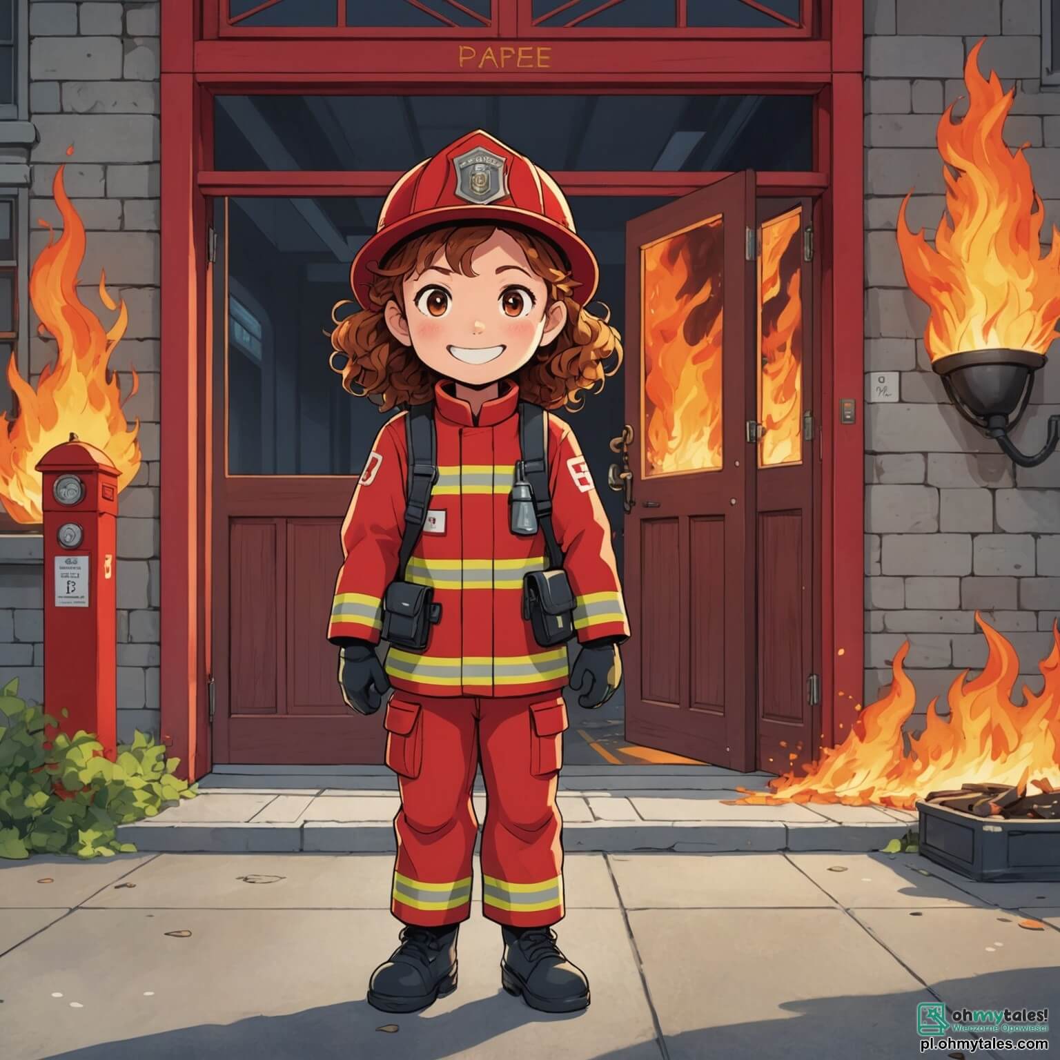 Une illustration destinée aux enfants représentant une courageuse femme pompier aux cheveux bouclés et brillants, vêtue d'une combinaison rouge éclatante, prête à affronter les flammes avec un sourire déterminé, se tenant fièrement devant la majestueuse caserne de pompiers, où de grandes portes en bois s'ouvrent sur un monde d'aventures, tandis qu'à ses côtés, un jeune garçon aux yeux pétillants d'excitation et une petite fille aux nattes rebondissantes, tous deux admirant leur héroïne, se tiennent devant un camion de pompiers étincelant, garé sur un bitume luisant, entouré de fleurs colorées et de grands arbres verdoyants, alors qu'une douce brise fait danser les feuilles, créant une atmosphère de camaraderie et de bravoure au cœur de leur paisible quartier.