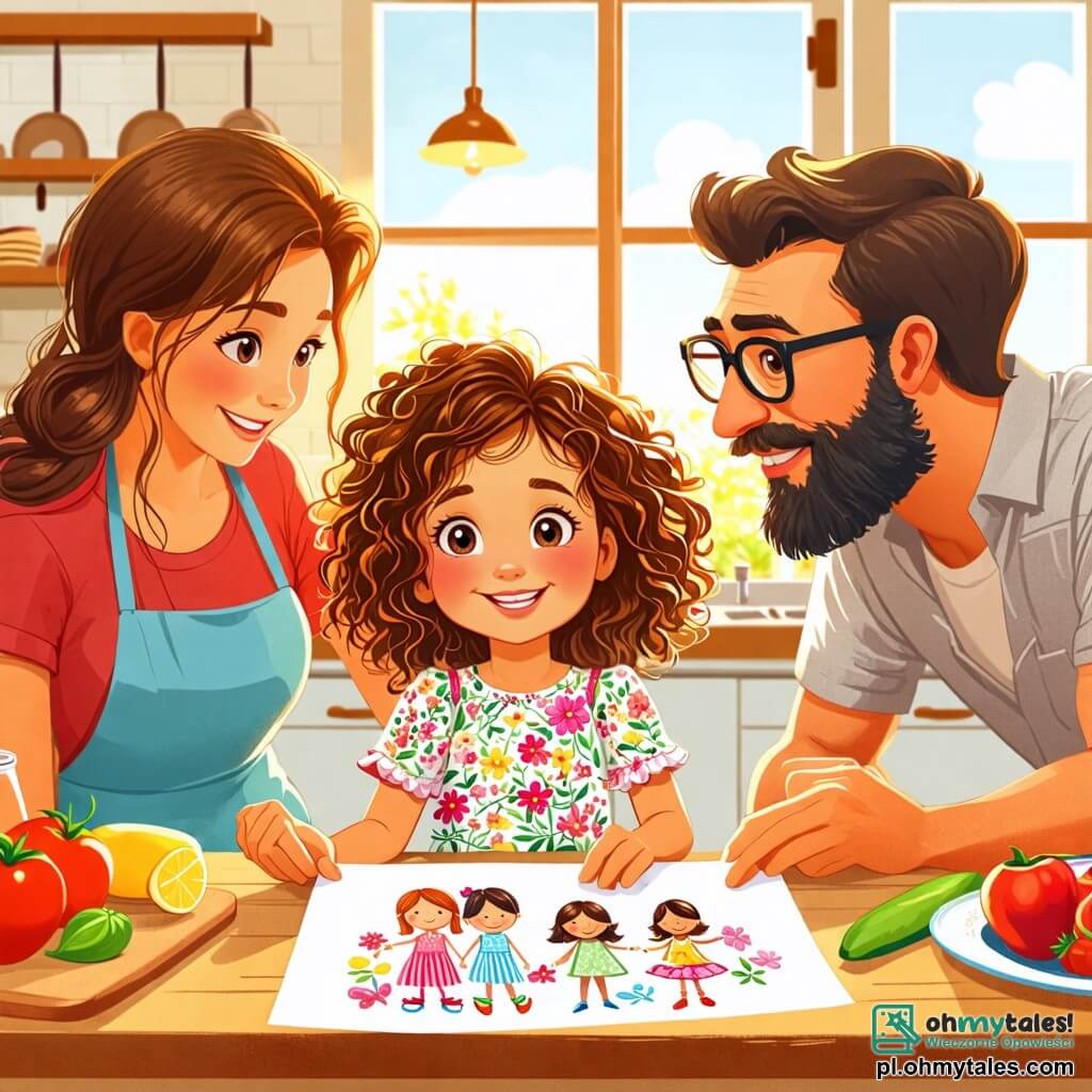 Une illustration sous forme de dessin destinée aux enfants représentant une cuisine chaleureuse et colorée, avec une petite fille de 6 ans aux cheveux bouclés et brillants, portant une robe à fleurs, qui sourit en tenant un dessin coloré de sa famille, tandis que ses parents, une maman aux cheveux longs et bruns en tablier et un papa barbu aux lunettes, se regardent avec des expressions apaisées, assis à la table, créant une atmosphère de réconciliation et de bonheur familial.