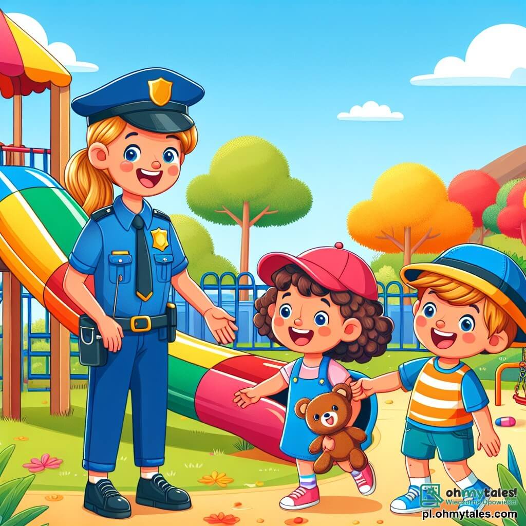 Une illustration sous forme de dessin destinée aux enfants représentant un parc ensoleillé avec un grand toboggan coloré et une aire de jeux, où une femme policier souriante, portant un uniforme bleu et une casquette, aide deux enfants : une fille aux cheveux bouclés et une casquette rouge, et un garçon avec une casquette à visière, qui tiennent un ours en peluche perdu, tandis qu'ils rient et s'amusent, créant une atmosphère joyeuse et amicale.