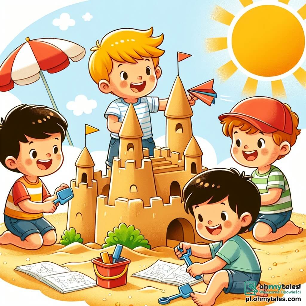 Une illustration sous forme de dessin destinée aux enfants représentant un ensoleillé parc de jeux avec un grand château de sable, où trois jeunes garçons aux cheveux blonds, bruns et châtains, âgés d'environ 6 ans, s'affairent joyeusement à construire un magnifique château de sable, l'un d'eux tenant une petite pelle, un autre lançant un avion en papier, et le dernier portant une rouge casquette, tous souriants et unis dans leur amitié, tandis qu'une légère brise fait danser les drapeaux en papier plantés sur le château.