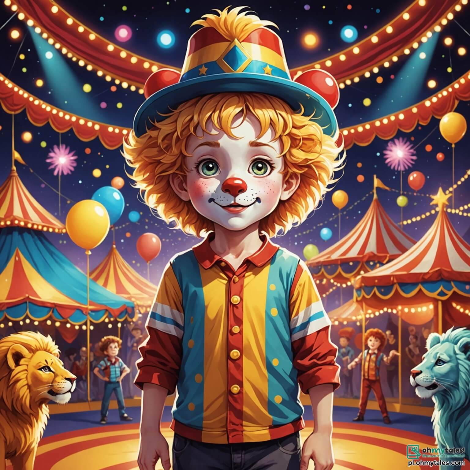 Une illustration destinée aux enfants représentant un petit garçon aux yeux pétillants de curiosité, vêtu d'un t-shirt rayé et d'un grand chapeau de clown trop grand pour lui, se tenant au centre d'une scène de cirque flamboyante, entouré de lumières scintillantes et de couleurs éclatantes, tandis qu'un majestueux lion doré, à la crinière flamboyante, se tient à ses côtés, prêt à exécuter des tours impressionnants sous le regard admiratif d'un dompteur charismatique, un homme à la moustache enroulée et au costume brillant, le tout se déroulant dans un chapiteau aux motifs bariolés, où l'odeur du pop-corn et des bonbons flotte dans l'air, et où les rires des enfants résonnent comme une douce mélodie, créant une atmosphère magique et enchanteresse.
