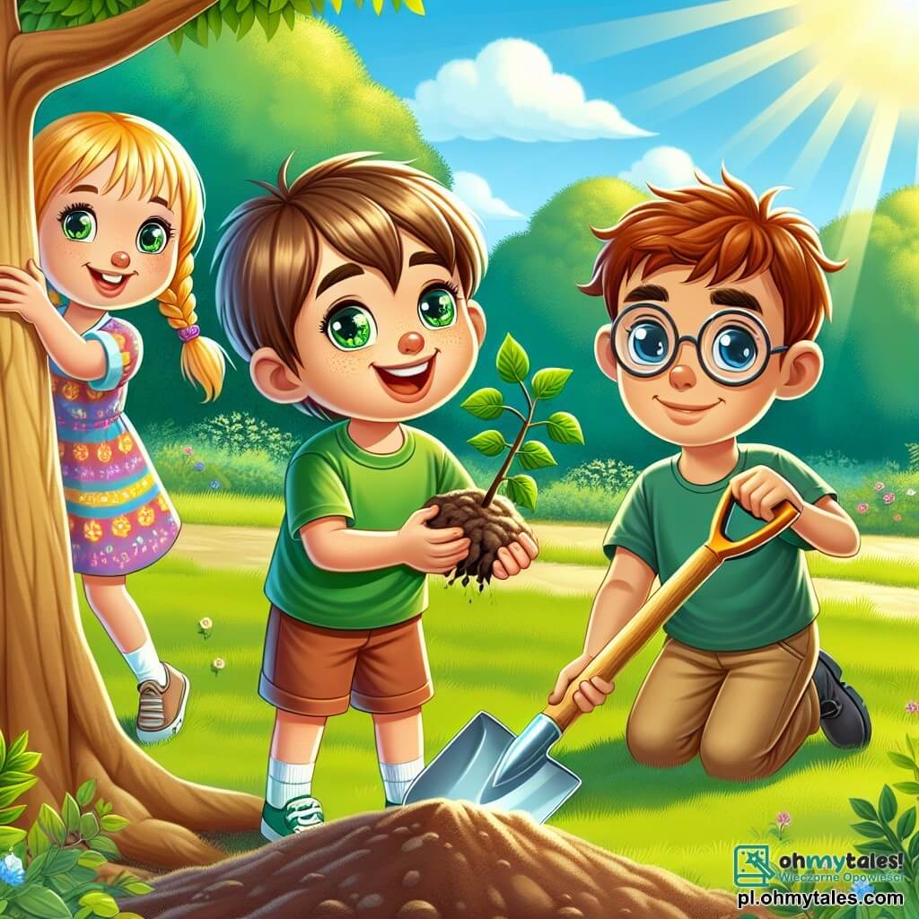 Une illustration sous forme de dessin destinée aux enfants représentant un parc verdoyant ensoleillé, où un garçon de 11 ans aux cheveux bruns et aux yeux pétillants, vêtu d'un t-shirt vert et de shorts, plante un jeune arbre avec enthousiasme, tandis qu'une fille aux cheveux blonds tressés et portant une robe colorée l'encourage avec un grand sourire, et un garçon aux cheveux châtains et lunettes, tenant une pelle, les aide en creusant un trou, symbolisant leur engagement collectif pour lutter contre le changement climatique et préserver leur environnement.