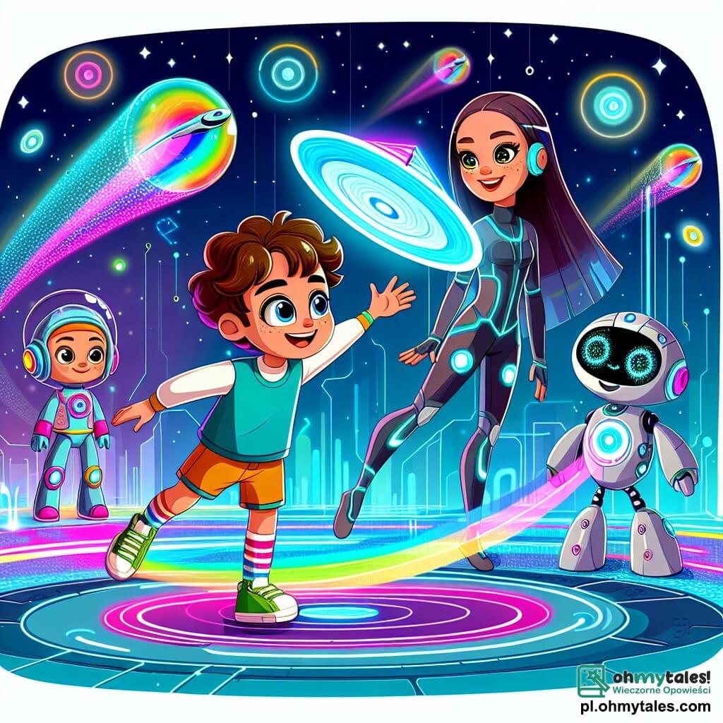 Une illustration sous forme de dessin destinée aux enfants représentant un parc futuriste de Technopolis, rempli de couleurs vives et de hologrammes flottants, où un garçon de 7 ans aux cheveux bouclés et aux chaussettes multicolores s'amuse à faire voler un disque lumineux, tandis qu'une fille aux cheveux longs et lisses, vêtue d'une combinaison technologique, l'encourage avec un grand sourire, et un robot amical aux yeux pétillants les observe, créant une atmosphère joyeuse et dynamique d'aventure et de découverte.