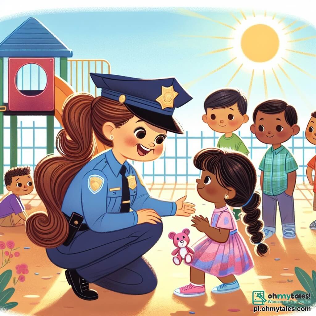 Une illustration sous forme de dessin destinée aux enfants représentant un joyeux parc de jeux ensoleillé, avec une femme policière aux longs cheveux bruns attachés en queue de cheval, portant un uniforme bleu et un sourire chaleureux, qui s'accroupit pour parler à une petite fille aux cheveux blonds, vêtue d'une robe rose, tandis qu'un groupe de garçons aux t-shirts colorés les entoure, tous regardant avec curiosité alors qu'ils cherchent ensemble un petit lapin en peluche rose perdu, symbolisant l'entraide et l'aventure.