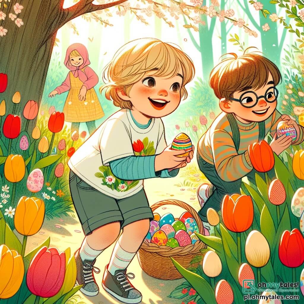 Une illustration sous forme de dessin destinée aux enfants représentant un jardin en fleurs, baigné de lumière printanière, où un garçon de 3 ans aux cheveux blonds et aux yeux pétillants, vêtu d'un t-shirt coloré et de shorts, s'accroupit avec enthousiasme pour découvrir des œufs de Pâques colorés cachés parmi les tulipes, tandis qu'à ses côtés, son ami, un garçon aux cheveux bruns et aux lunettes, sourit en tenant un petit panier rempli d'œufs, le tout dans une ambiance joyeuse et magique, avec un zeste de mystère et d'émerveillement.