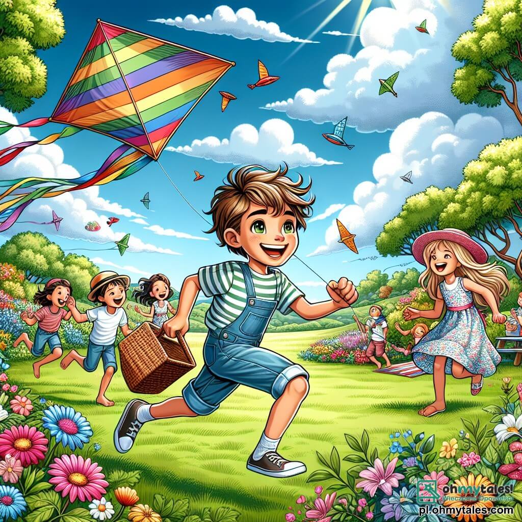 Ilustracja przedstawiająca wspaniały ogród latem, wypełniony kolorowymi kwiatami i zielonymi drzewami, z jasnoniebieskim niebem usłanym białymi, puszystymi chmurami. W centrum sceny 11-letni chłopiec z rozczochranymi brązowymi włosami nosi pasiasty t-shirt i dżinsowe szorty. Lata dużym, kolorowym latawcem, który radośnie tańczy na wietrze. Obok niego grupa dzieci, w tym 10-letnia dziewczynka z długimi blond włosami, w kwiecistej sukience, śmiejąca się, trzymająca kosz piknikowy. Główna sytuacja ukazuje chłopca biegającego z entuzjazmem, latawiec wznoszący się wysoko w niebo, podczas gdy inne dzieci go zachęcają, tworząc atmosferę radości i przyjaźni. Dodatkowe elementy to duże drzewo dające przyjemny cień, koc piknikowy na trawie i porozrzucane zabawki, przywołujące na myśl idealny letni dzień pełen śmiechu i odkryć.