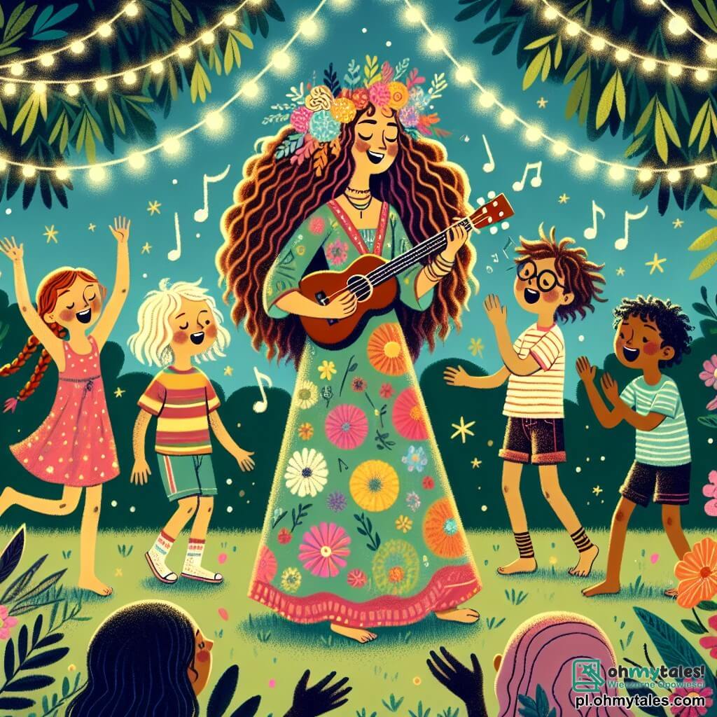Ilustracja przedstawiająca żywą scenę na świeżym powietrzu, otoczoną zielenią i kolorowymi kwiatami, gdzie świetlne girlandy migoczą o zmierzchu. W centrum znajduje się kobieta z długimi, kręconymi włosami, ubrana w kolorową sukienkę, grająca na ukulele z szerokim uśmiechem, przyciągająca uwagę publiczności. Obok niej trójka radosnych dzieci: dziewczynka w wieku około 8 lat z warkoczami i sukienką w kropki, tańcząca z uniesionymi rękami; chłopiec w wieku 7 lat w okularach i w paskowanej koszulce, który bije brawo w rytm muzyki; oraz inny chłopiec w wieku 9 lat, z rozwichrzonymi włosami i krótkimi spodniami, który śpiewa na całe gardło. Scena emanuje atmosferą radości i przyjaźni, z nutami muzyki unoszącymi się w powietrzu, gwiazdami zaczynającymi świecić i entuzjastycznymi widzami, którzy klaskają i tańczą wokół nich.