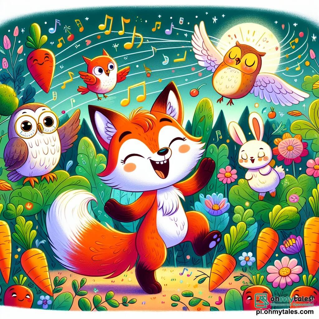 Une illustration sous forme de dessin destinée aux enfants représentant un jardin enchanté rempli de légumes colorés et de fleurs brillantes, où un renard au pelage orange vif et au ventre blanc danse joyeusement au milieu de carottes chantantes, accompagné d'une sage chouette aux lunettes perchée sur une branche et d'un petit lapin aux grandes oreilles qui saute de joie, illustrant leur aventure amusante dans le mystérieux Ogród Cudów, un lieu magique où les légumes prennent vie et où l'amitié et la joie règnent en maître.