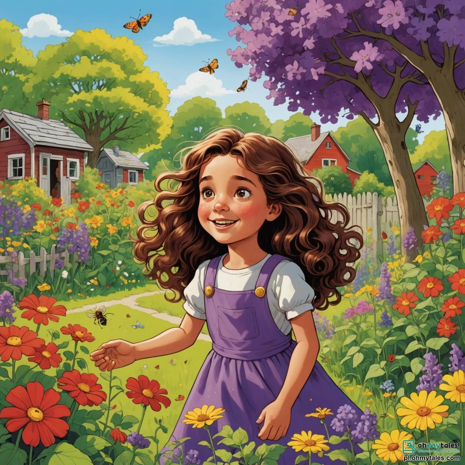 Une illustration destinée aux enfants représentant une petite fille aux longs cheveux bruns et bouclés, pleine de curiosité et d'énergie, qui se trouve dans le jardin ensoleillé de son grand-père, un endroit vibrant de couleurs avec des fleurs éclatantes de rouge, de jaune et de violet, des arbres feuillus qui dansent doucement au gré du vent, et des insectes bourdonnants qui s'affairent autour des plantes, alors qu'elle s'engage avec enthousiasme dans une mission de nettoyage pour sauver la nature, accompagnée de son grand-père au sourire bienveillant, d'une voisine amicale aux cheveux gris et d'un voisin jovial au chapeau de paille, tous unis dans l'effort de rendre leur environnement plus sain et accueillant pour les oiseaux et les petites créatures qui y vivent.