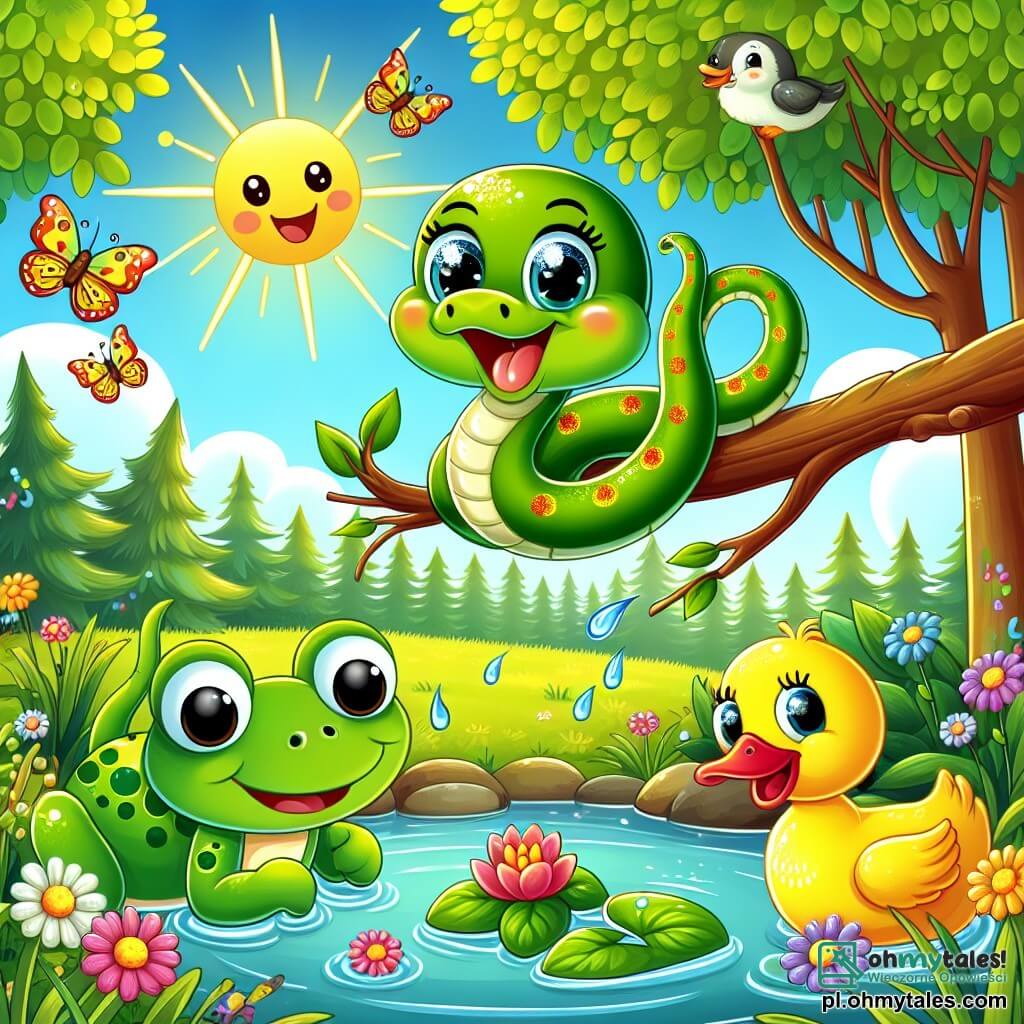 Une illustration sous forme de dessin destinée aux enfants représentant une scène ensoleillée dans une forêt verdoyante, où un petit serpent vert aux écailles brillantes et aux yeux pétillants s'enroule joyeusement autour d'une branche, tandis qu'une grenouille joyeuse aux taches jaunes et une canne à l'air curieux flottent près d'un étang, tous trois riant ensemble après que la grenouille a trébuché et est tombée dans l'eau, créant des éclaboussures colorées autour d'eux, avec des fleurs sauvages et des papillons virevoltant dans l'air.