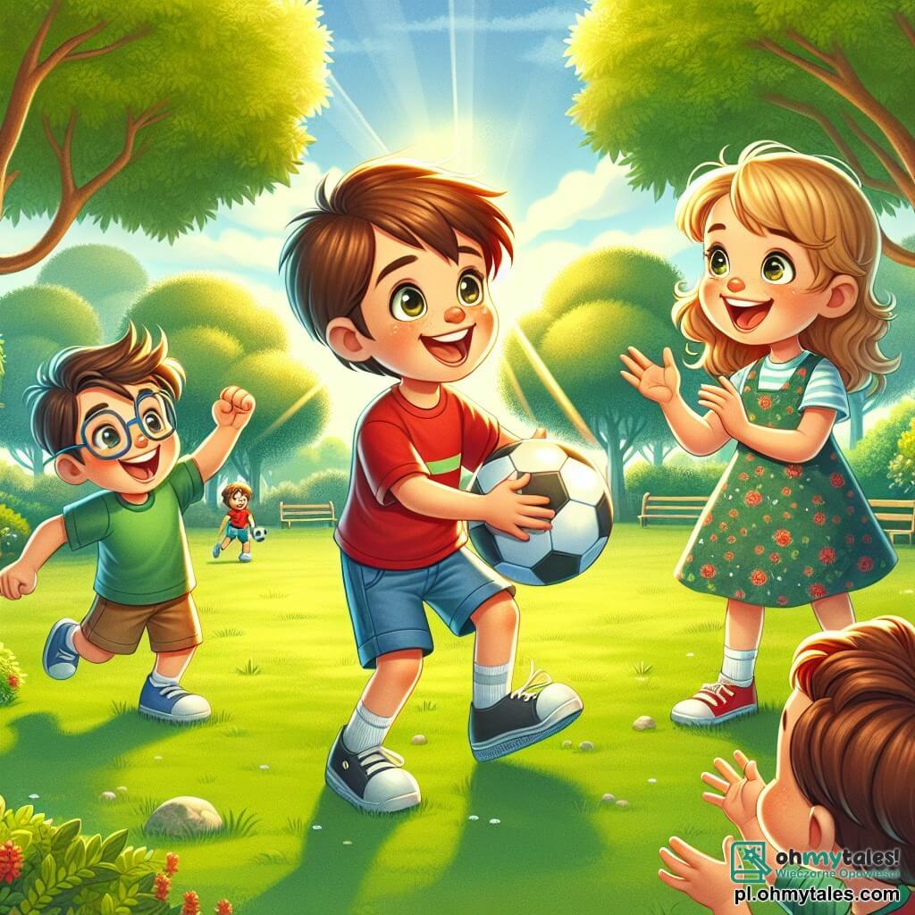 Une illustration sous forme de dessin destinée aux enfants représentant un parc ensoleillé avec des arbres verdoyants et une pelouse verdoyante, où un garçon de 7 ans aux cheveux bruns et aux yeux pétillants, vêtu d'un t-shirt rouge et d'un short bleu, rit joyeusement en jouant au football avec une fille de 7 ans aux cheveux blonds et bouclés, portant une robe à fleurs, tandis qu'un autre garçon de 7 ans aux cheveux châtains et aux lunettes, vêtu d'un t-shirt vert, les encourage en applaudissant, capturant ainsi un moment de joie et d'amitié partagée.