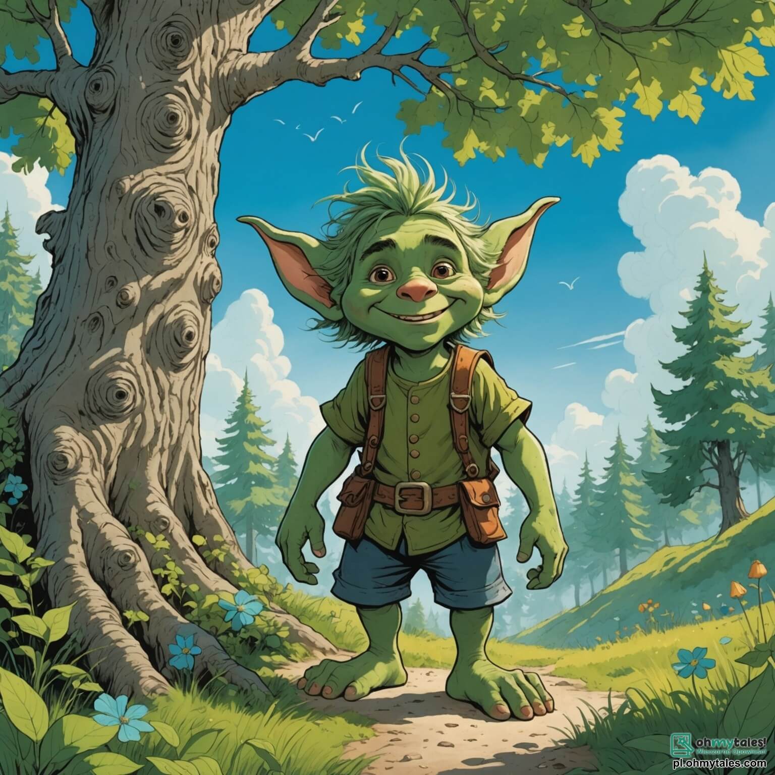 Une illustration destinée aux enfants représentant un jeune troll au teint verdoyant et aux cheveux ébouriffés couleur de ciel d'été, avec de grands yeux pétillants de curiosité, se tenant courageusement au cœur d'un Cudowny Gaj, un forêt enchantée où les arbres majestueux, aux troncs noueux et aux feuilles scintillantes comme des émeraudes, s'élèvent vers un ciel d'un bleu éclatant, tandis qu'un joyeux lapin au pelage soyeux et aux oreilles dressées, son meilleur ami, bondit à ses côtés, et où des éclats de lumière émis par des lucioles dansent autour d'eux, alors qu'ils se lancent dans une quête palpitante pour découvrir un trésor caché, tout en affrontant un immense troll au regard rougeoyant, qui, bien que menaçant, cache en lui une profonde tristesse due à sa solitude.
