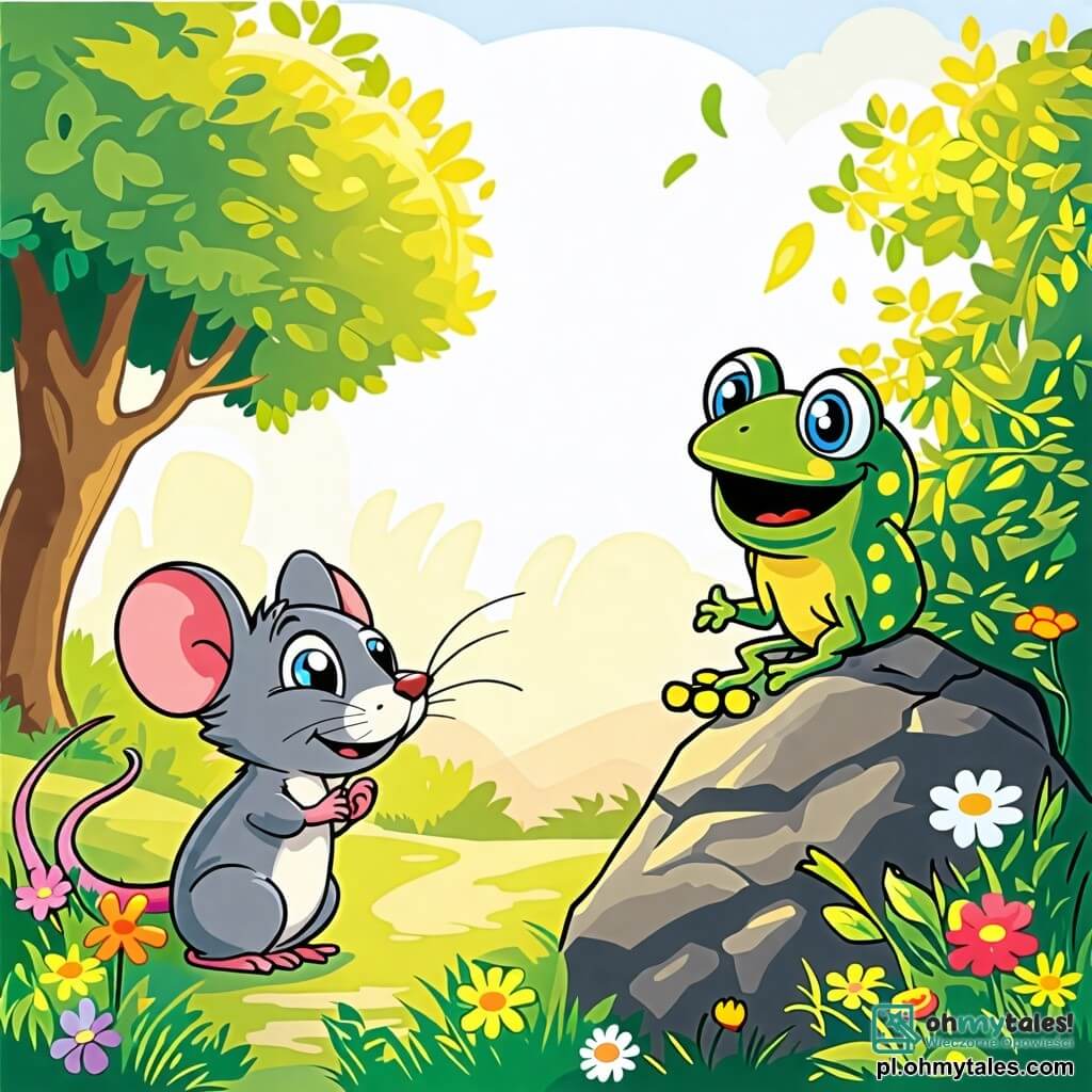 Une illustration sous forme de dessin destinée aux enfants représentant un parc ensoleillé avec des arbres verdoyants et des fleurs colorées, au premier plan un petit rat gris aux yeux pétillants, souriant et en train de jouer à cache-cache, tandis qu'une joyeuse grenouille verte aux taches jaunes, perchée sur une pierre, éclate de rire en se cachant derrière un buisson, le tout évoquant une atmosphère de camaraderie et de joie enfantine.