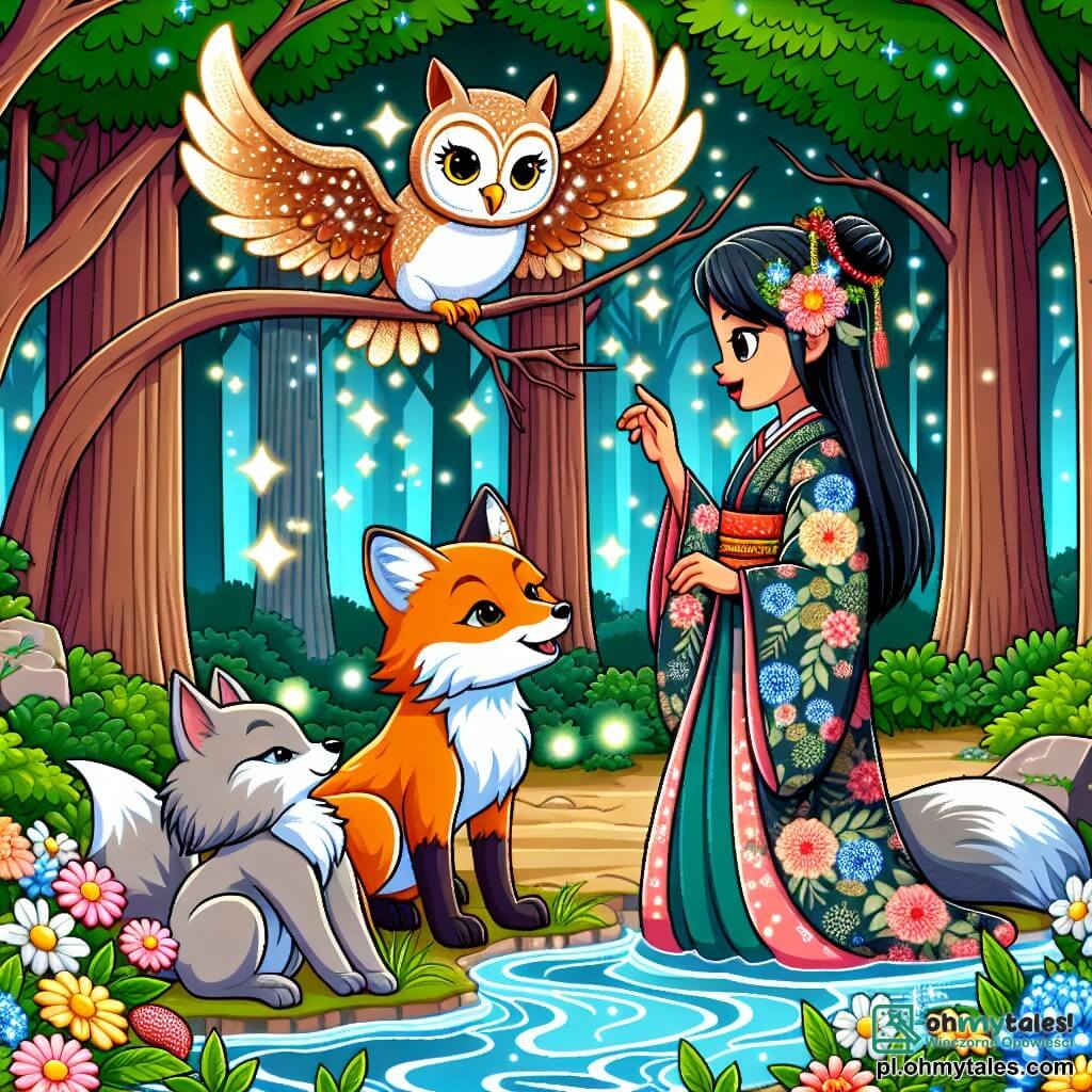 Une illustration sous forme de dessin destinée aux enfants représentant une forêt japonaise enchantée, avec de grands arbres aux feuilles vertes brillantes et des fleurs colorées, où une jeune femme aux longs cheveux noirs et à la robe traditionnelle japonaise observe un sage renard au pelage flamboyant qui lui parle près d'un ruisseau scintillant, tandis qu'une majestueuse chouette aux plumes étoilées se perche sur une branche au-dessus d'eux, capturant l'instant où la femme découvre la sagesse de la nature et des créatures magiques qui l'entourent.