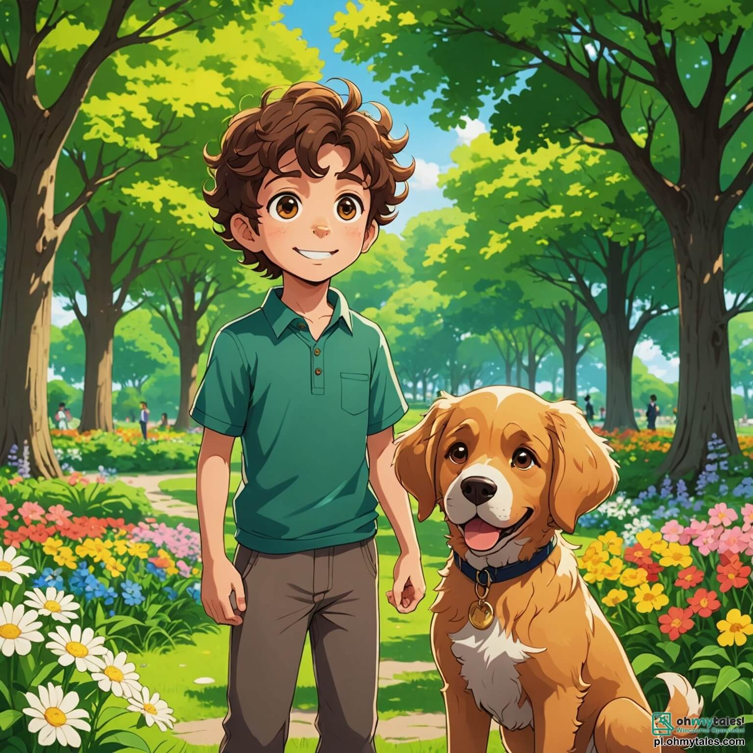 Une illustration destinée aux enfants représentant un garçon aux cheveux bruns et bouclés, avec de grands yeux curieux et un sourire lumineux, se tenant dans un parc verdoyant, rempli de fleurs colorées et d'arbres majestueux, où il joue avec son fidèle chien au pelage doré, tandis qu'il découvre la tristesse de la perte de son grand-père bien-aimé, entouré de sa maman douce et réconfortante, et de son papa protecteur, tous deux essayant de lui expliquer le cycle de la vie et de la mort, le tout baigné par la lumière dorée du soleil couchant qui illumine le ciel d'un dégradé de rose et d'orange, créant une atmosphère à la fois mélancolique et pleine d'espoir.