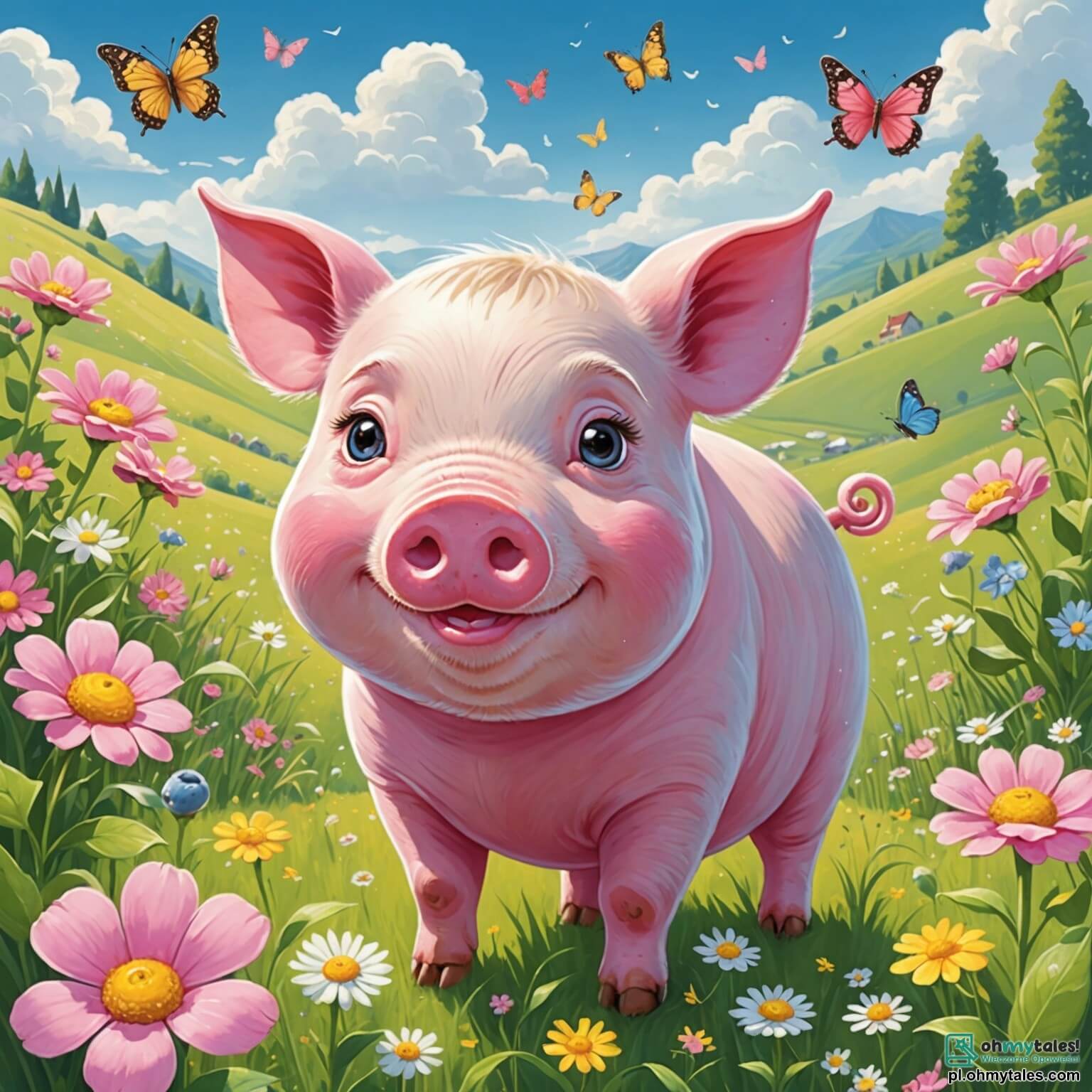Une illustration destinée aux enfants représentant un cochon rose et joufflu, aux yeux pétillants de malice, qui rêve d'aventures sucrées dans un vaste champ verdoyant parsemé de fleurs colorées et de papillons virevoltants, où il se lance avec enthousiasme à la recherche de trésors sucrés, accompagné de sa meilleure amie, une petite chatte grise à la queue enroulée, sous le doux soleil d'un matin enjoué.